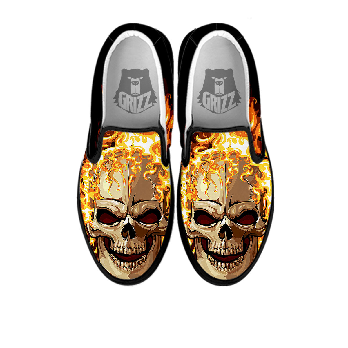 Skull Fire Print Black Slip On Shoes-grizzshop