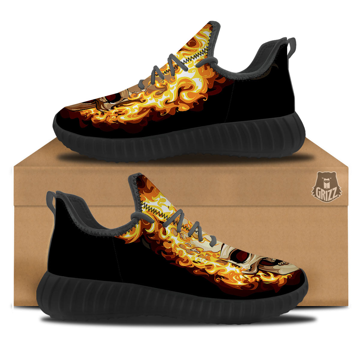 Skull Fire Print Black Walking Shoes-grizzshop