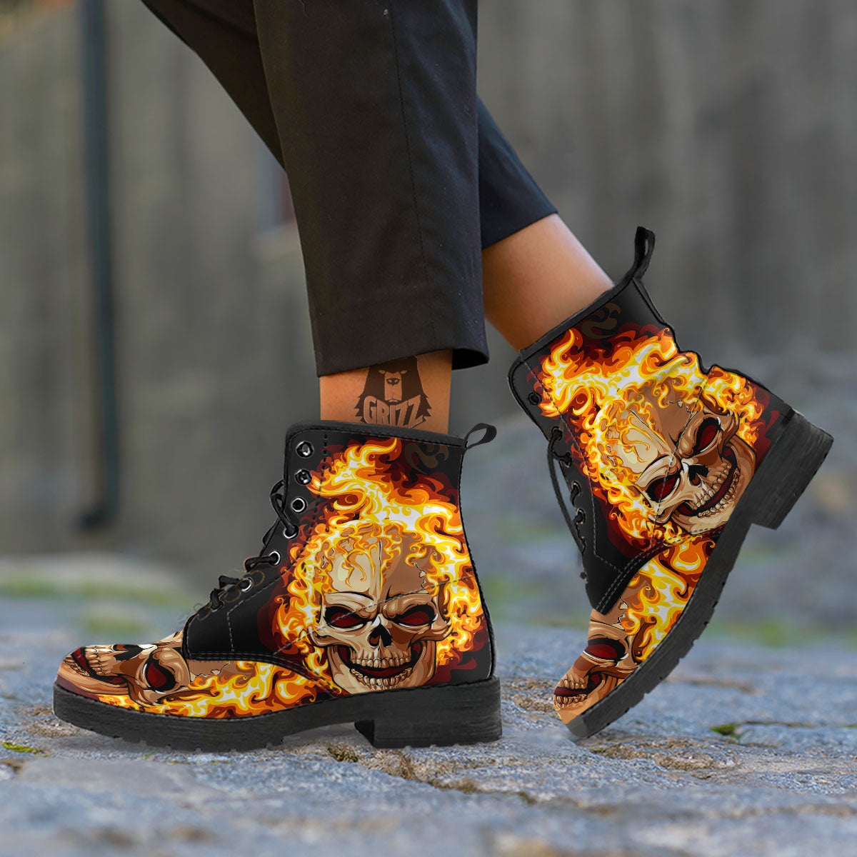 Skull Fire Print Leather Boots-grizzshop