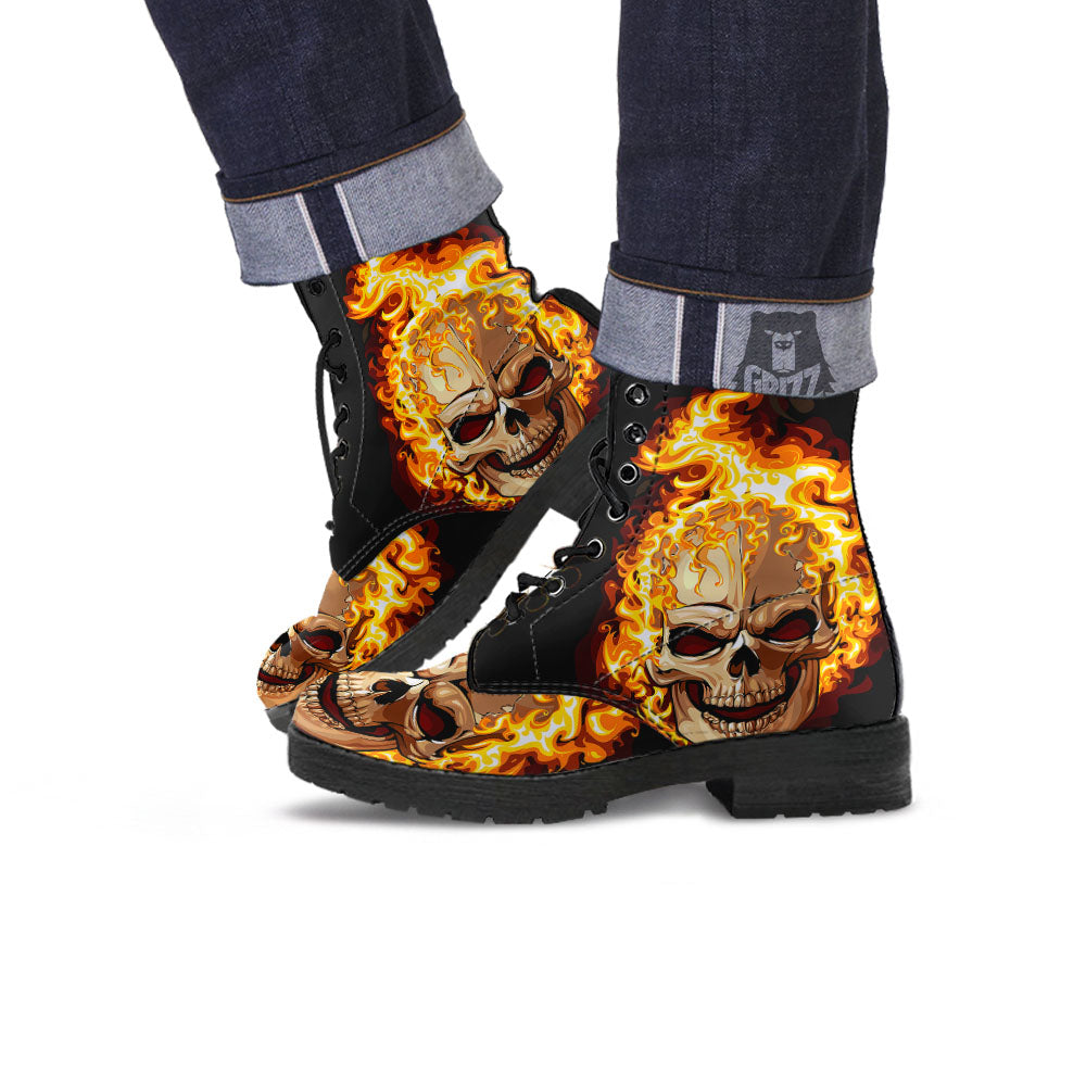 Skull Fire Print Leather Boots-grizzshop