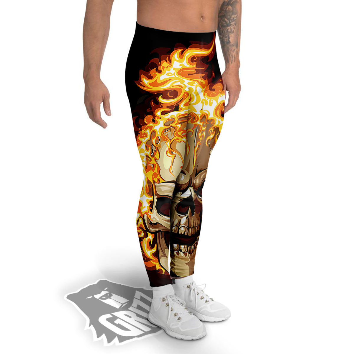Skull Fire Print Men's Leggings-grizzshop
