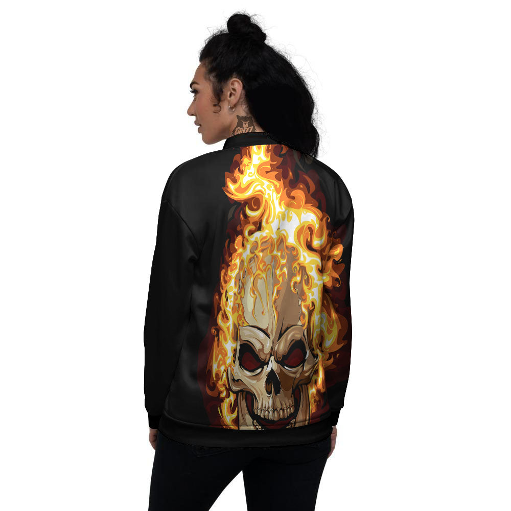 Skull Fire Print Women's Bomber Jacket-grizzshop