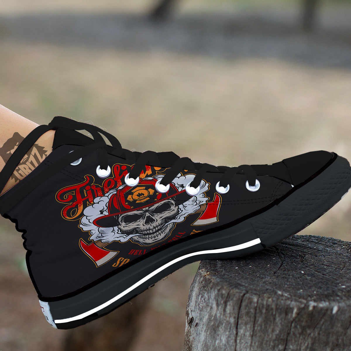 Skull Firefighter Department Print Black High Top Shoes-grizzshop