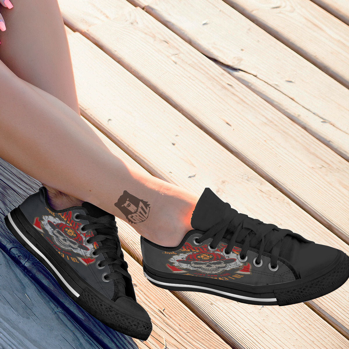 Skull Firefighter Department Print Black Low Top Shoes-grizzshop