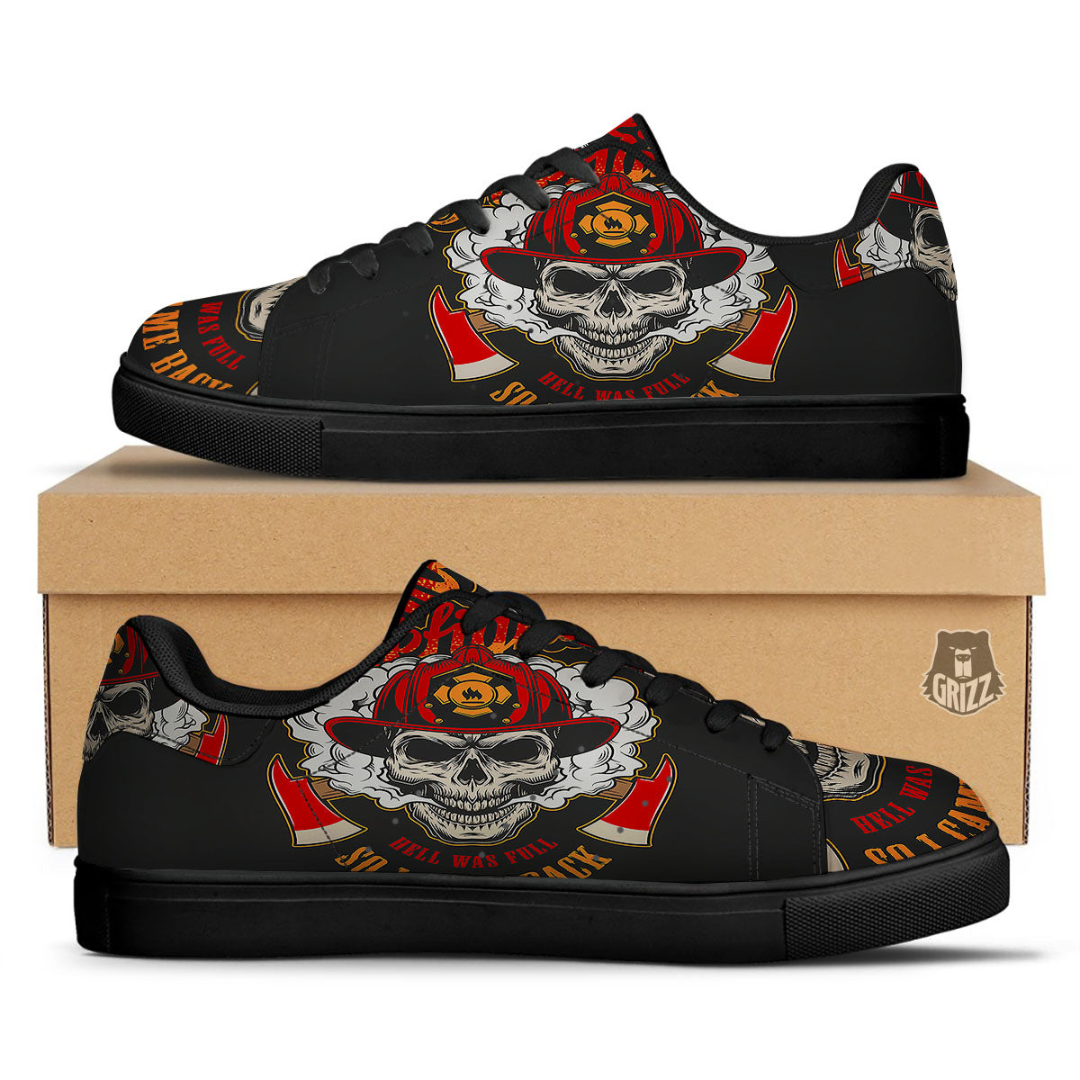 Skull Firefighter Department Print Black Low Top Sneakers-grizzshop