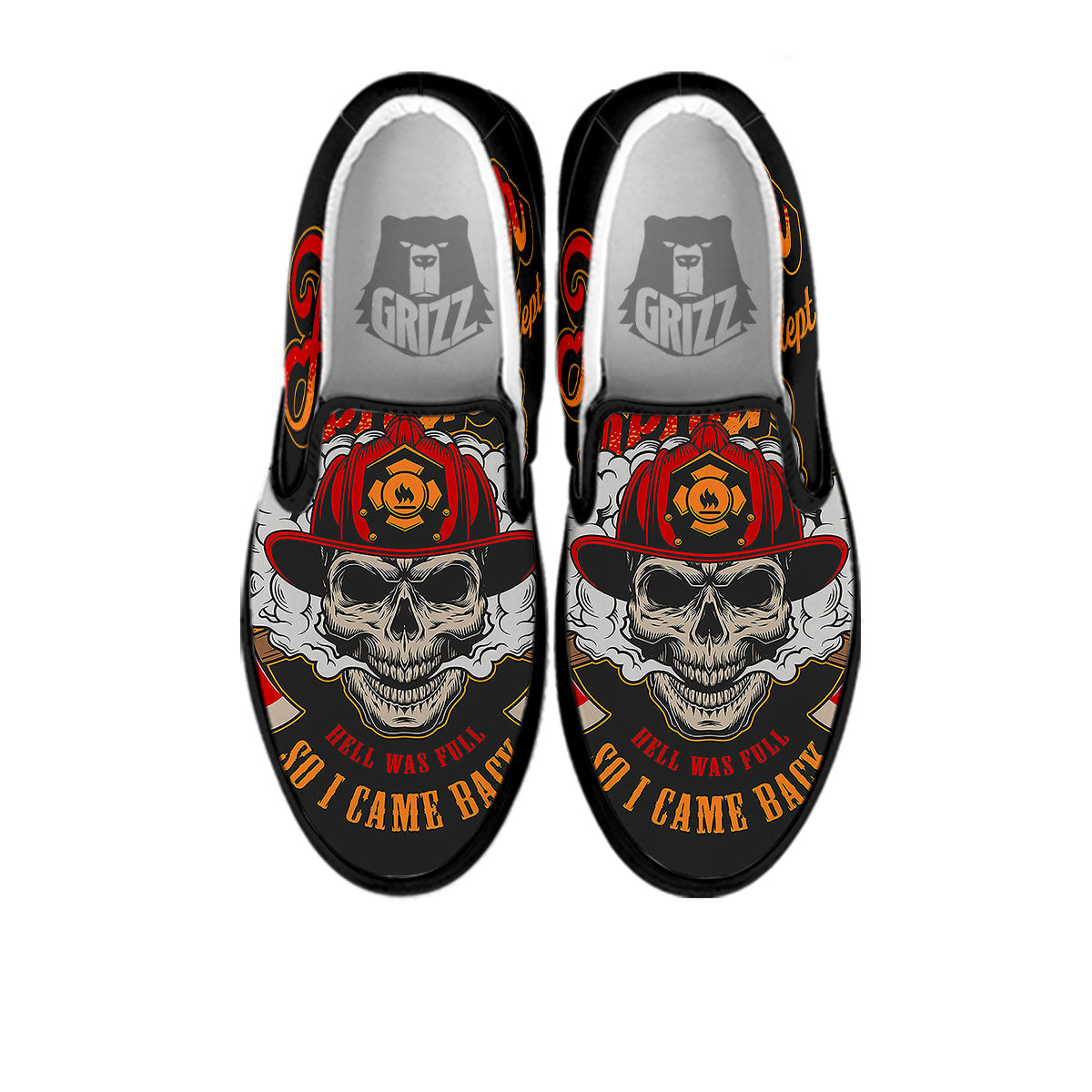 Skull Firefighter Department Print Black Slip On Shoes-grizzshop