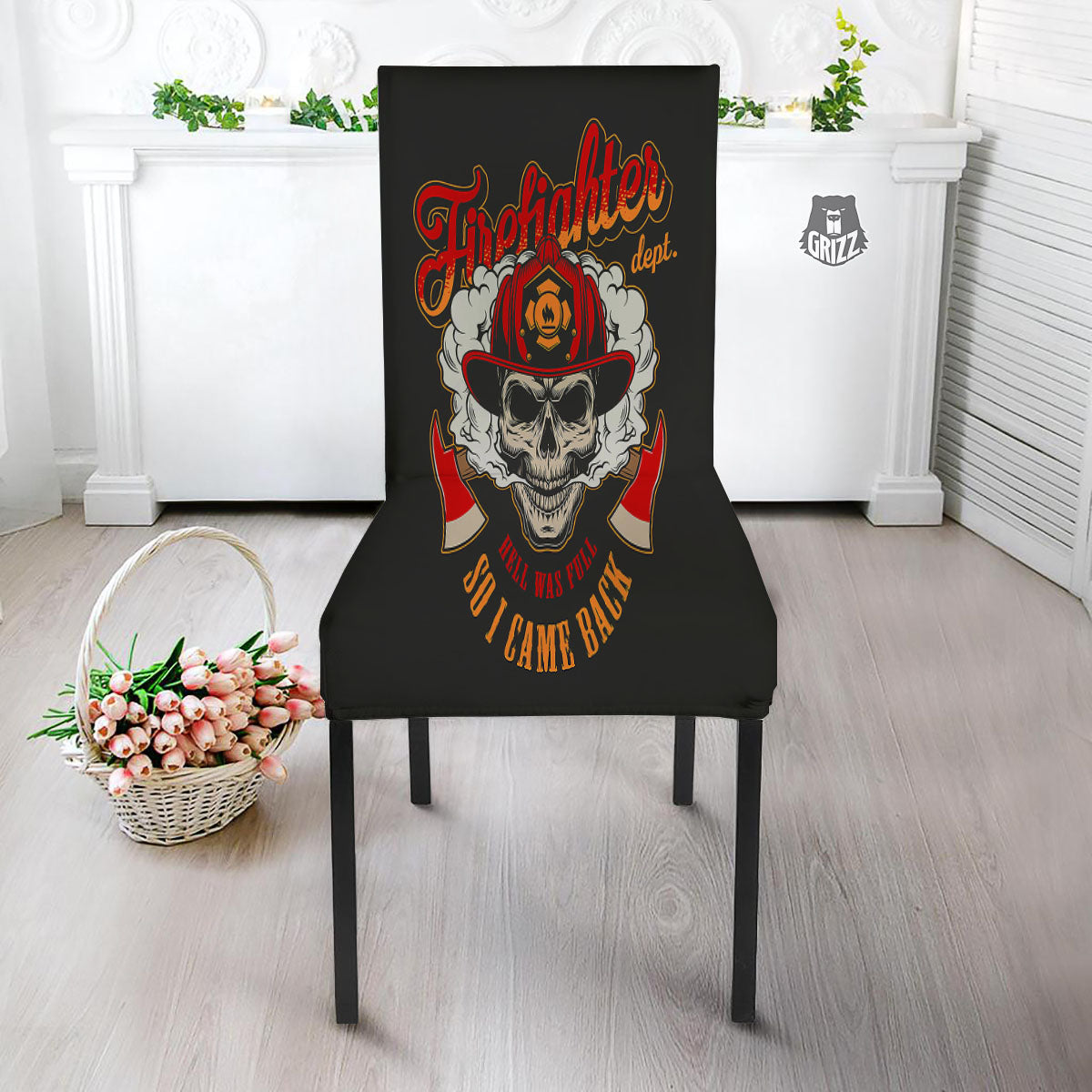 Skull Firefighter Department Print Dining Chair Slipcover-grizzshop