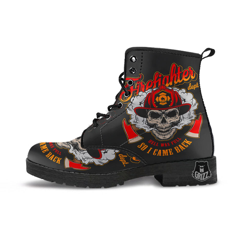 Skull Firefighter Department Print Leather Boots-grizzshop