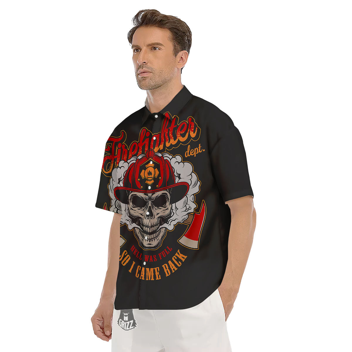 Skull Firefighter Department Print Men's Short Sleeve Shirts-grizzshop