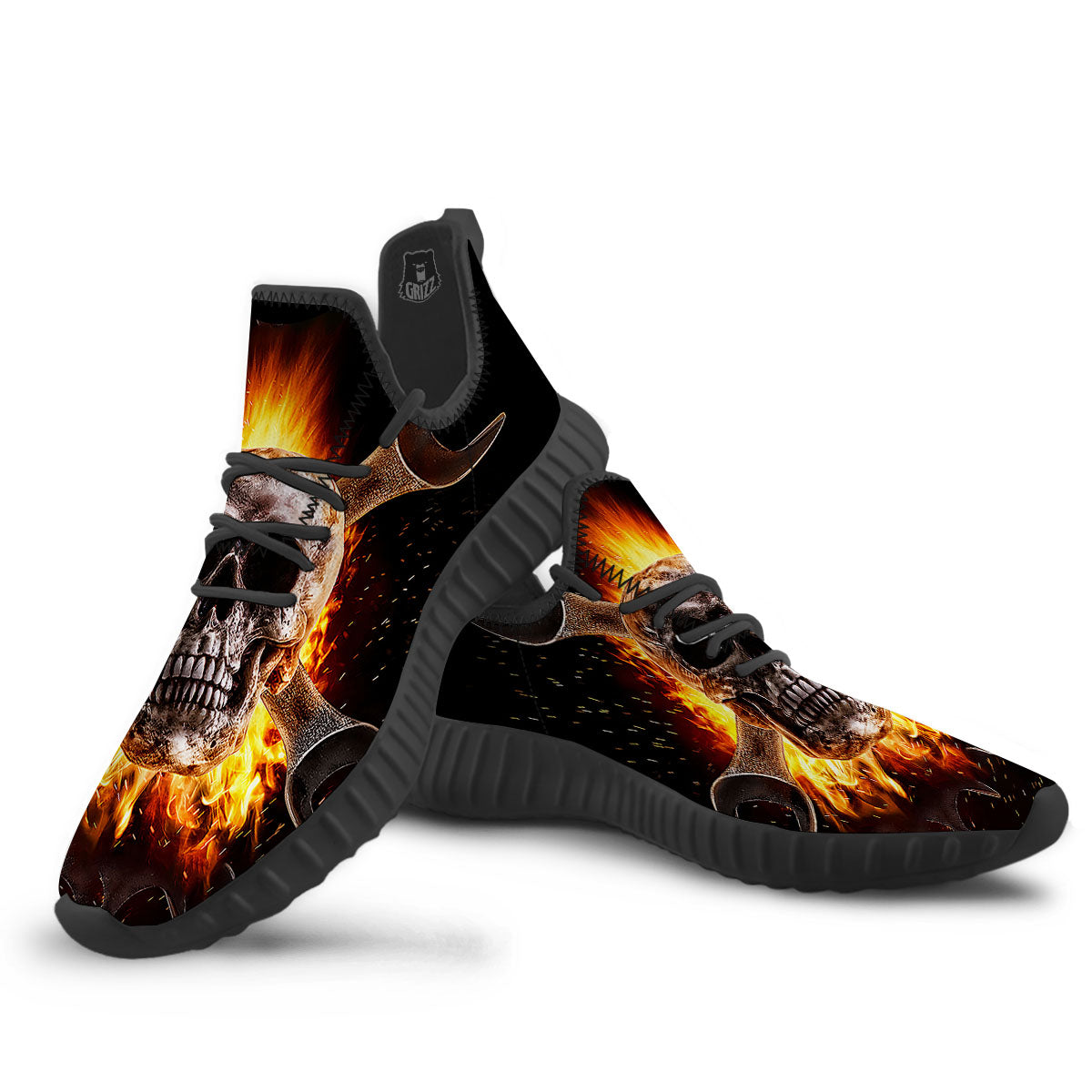 Skull Flaming And Cross Wrench Print Black Walking Shoes-grizzshop