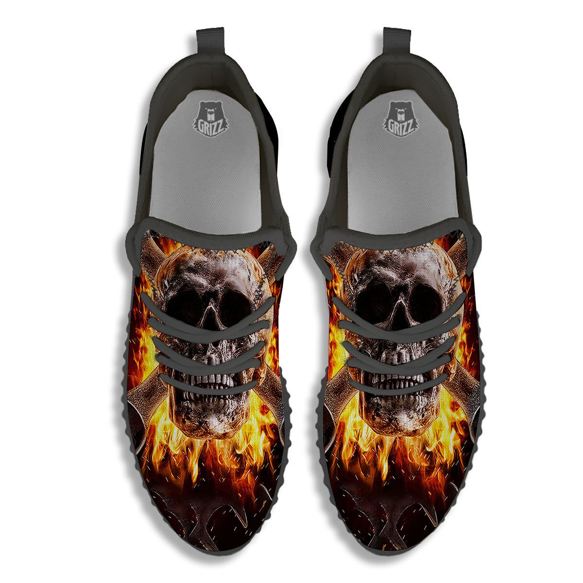 Skull Flaming And Cross Wrench Print Black Walking Shoes-grizzshop