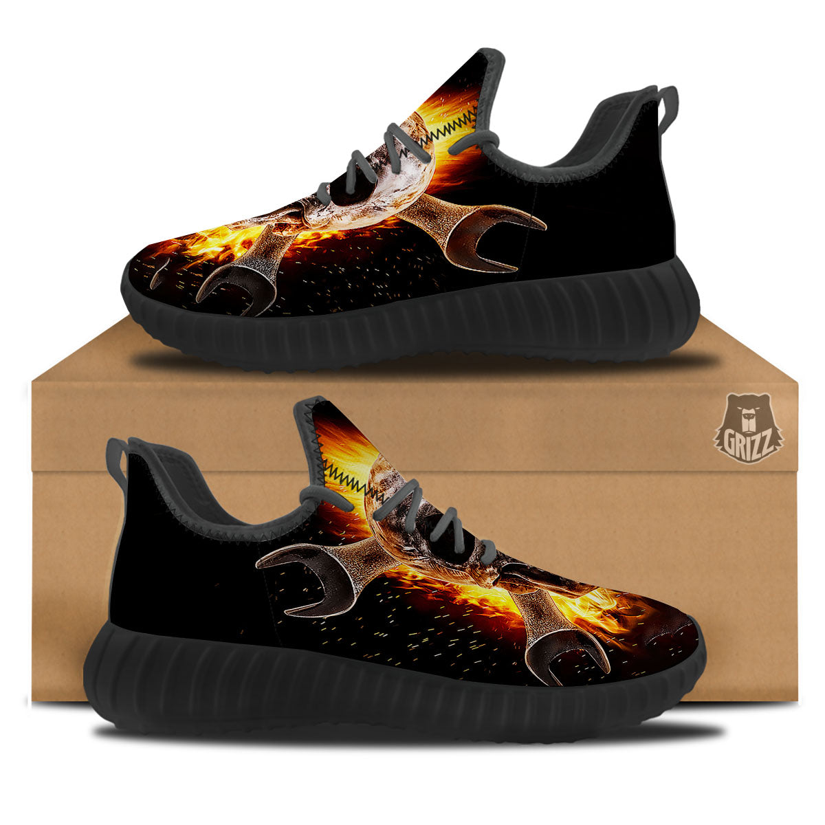 Skull Flaming And Cross Wrench Print Black Walking Shoes-grizzshop