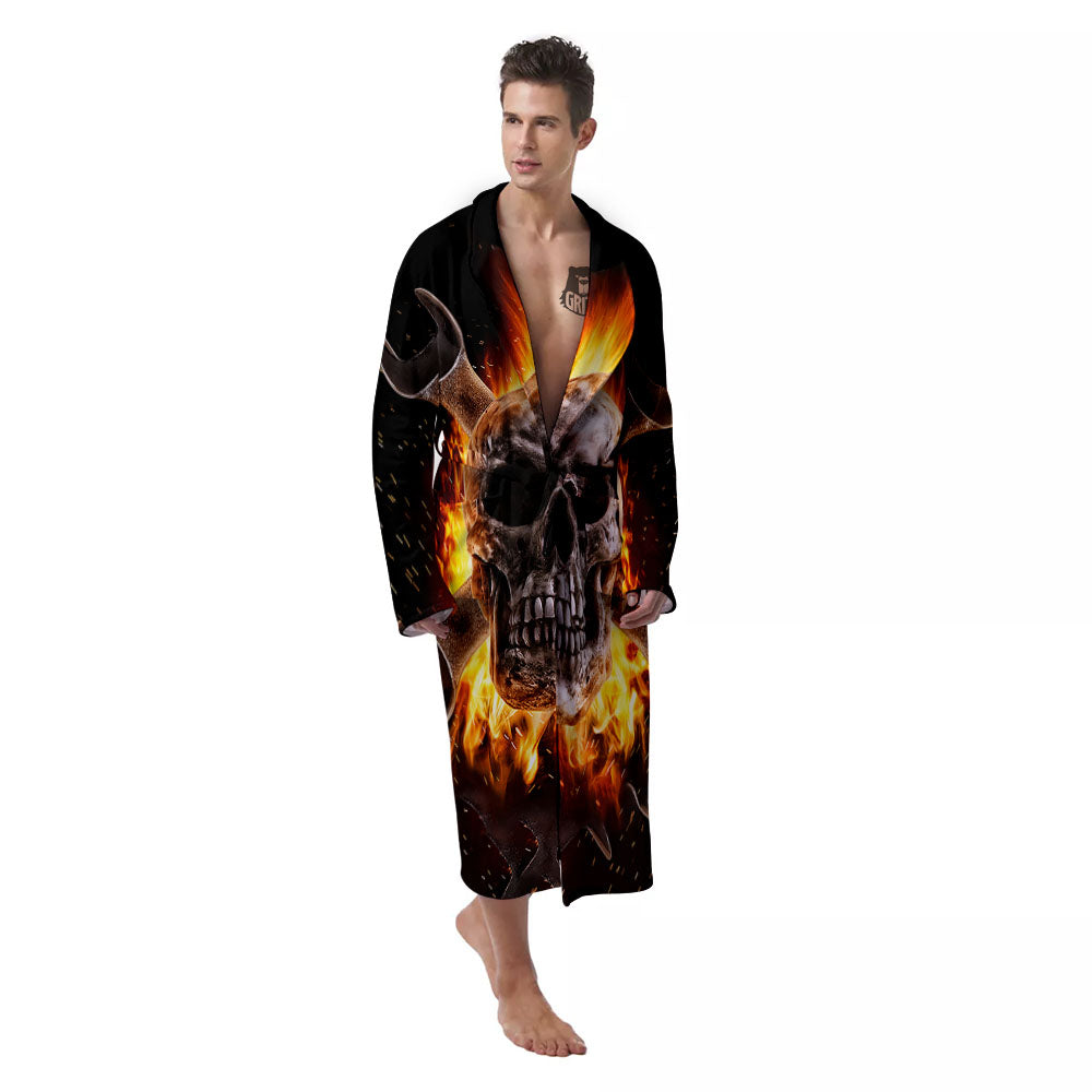 Skull Flaming And Cross Wrench Print Men's Robe-grizzshop