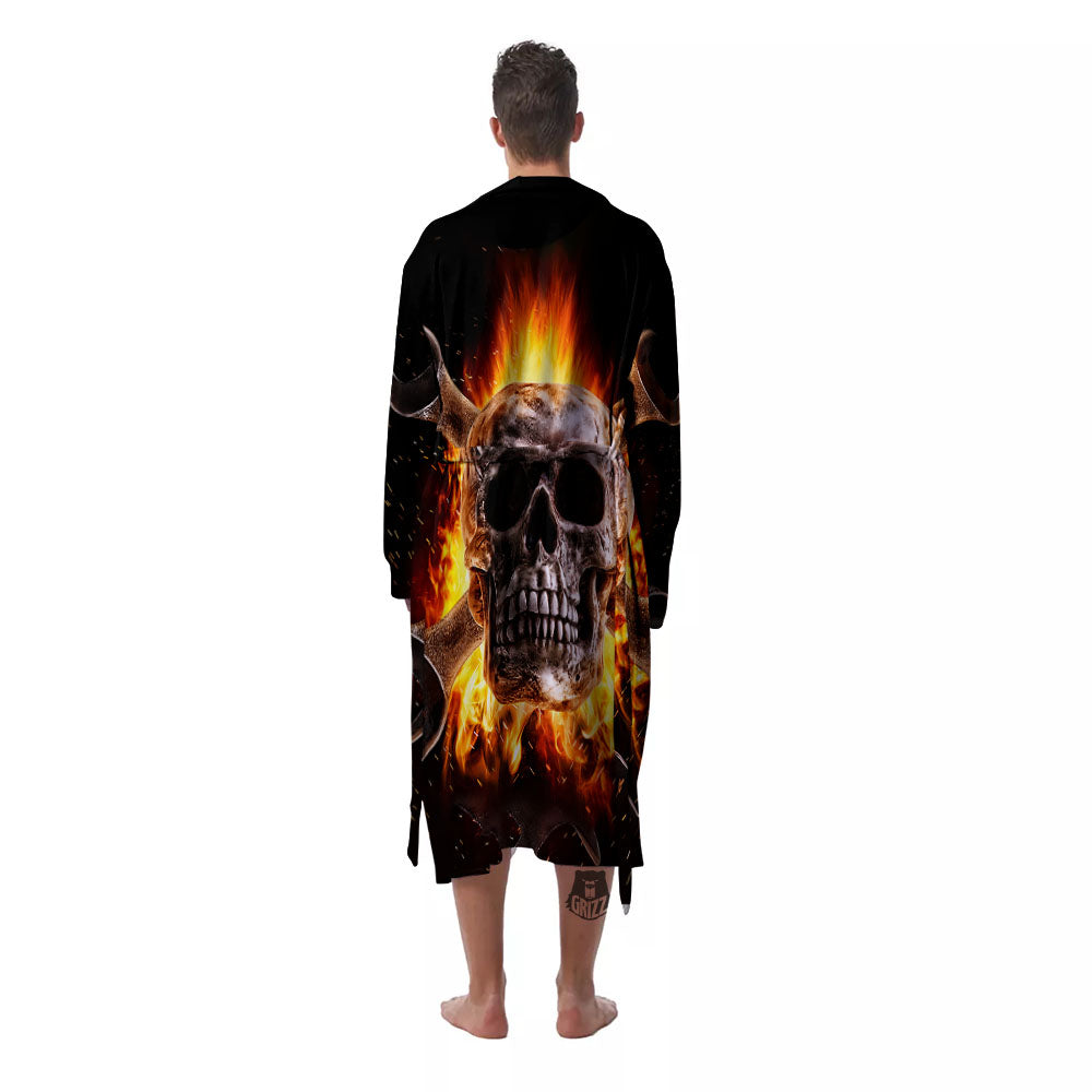 Skull Flaming And Cross Wrench Print Men's Robe-grizzshop