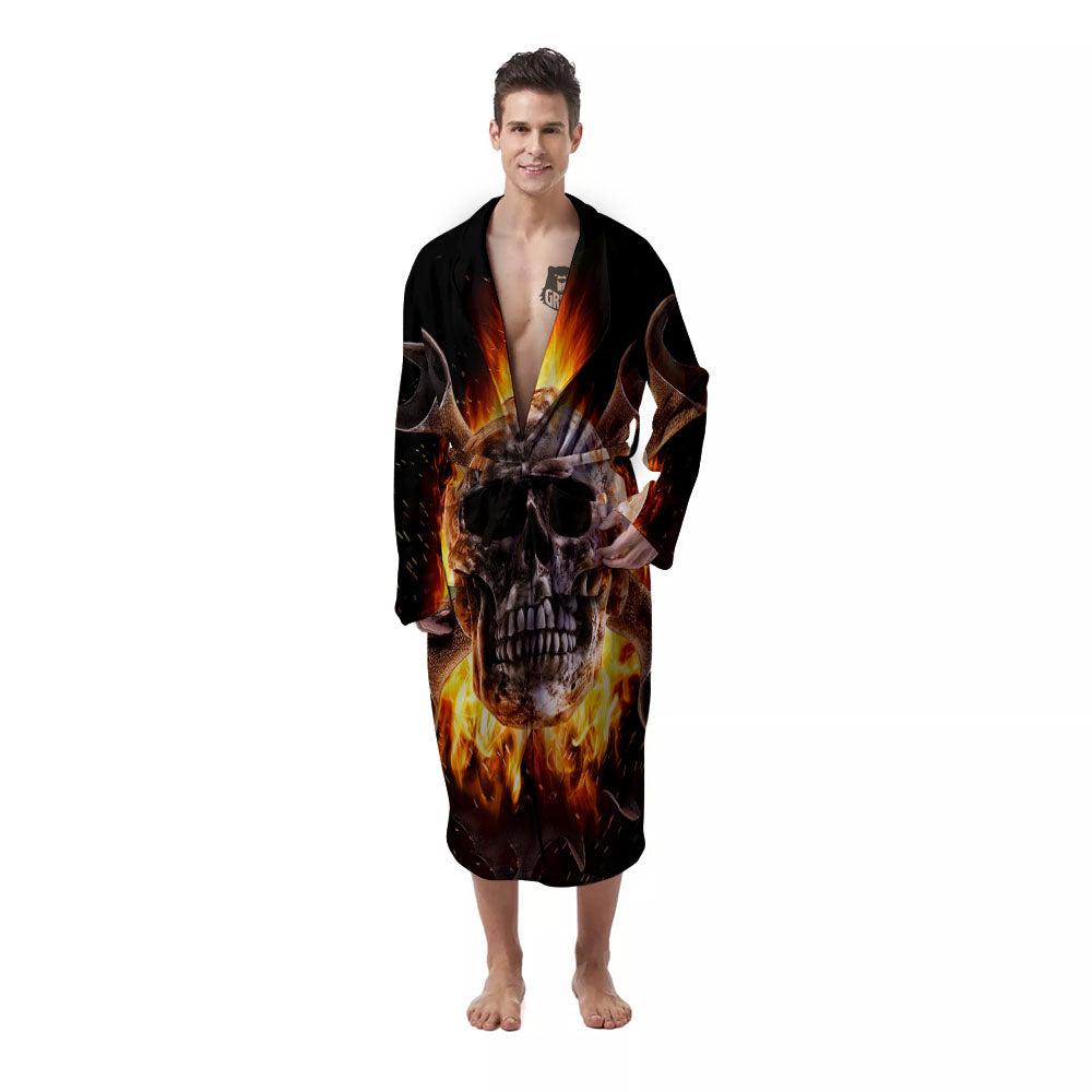 Skull Flaming And Cross Wrench Print Men's Robe-grizzshop