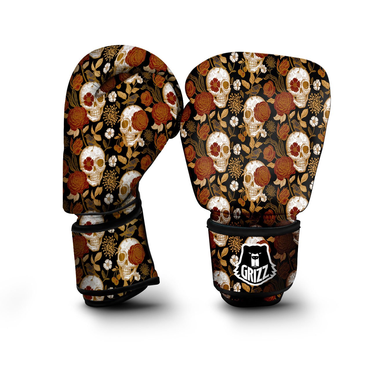 Skull Floral Vintage Print Pattern Boxing Gloves-grizzshop