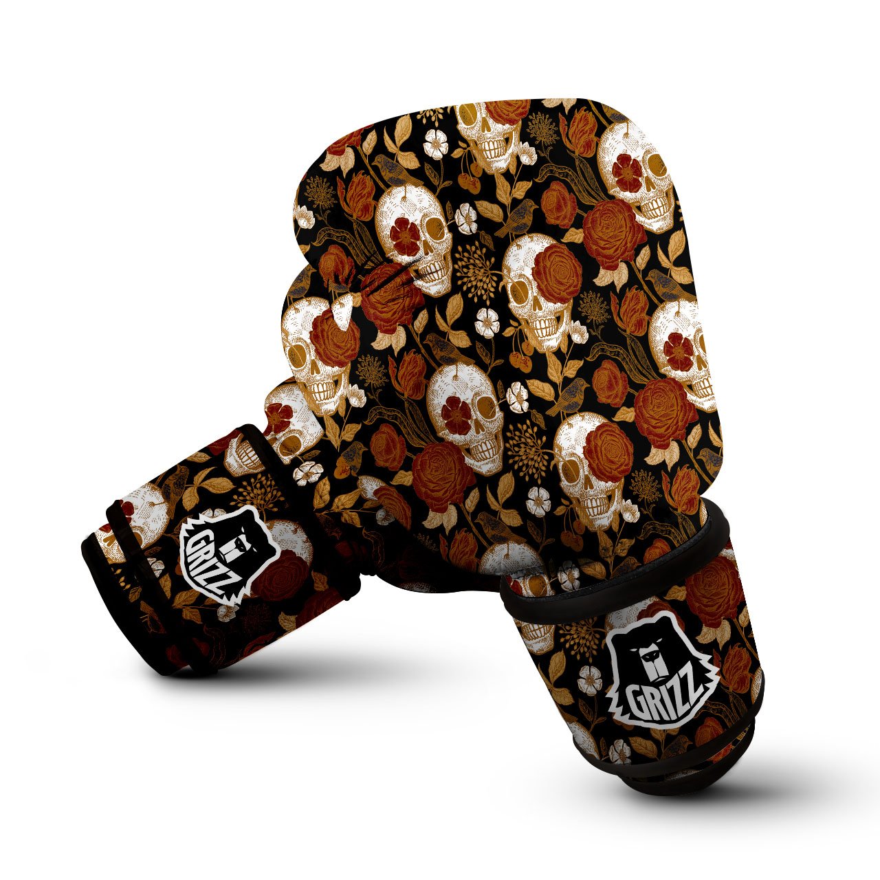 Skull Floral Vintage Print Pattern Boxing Gloves-grizzshop