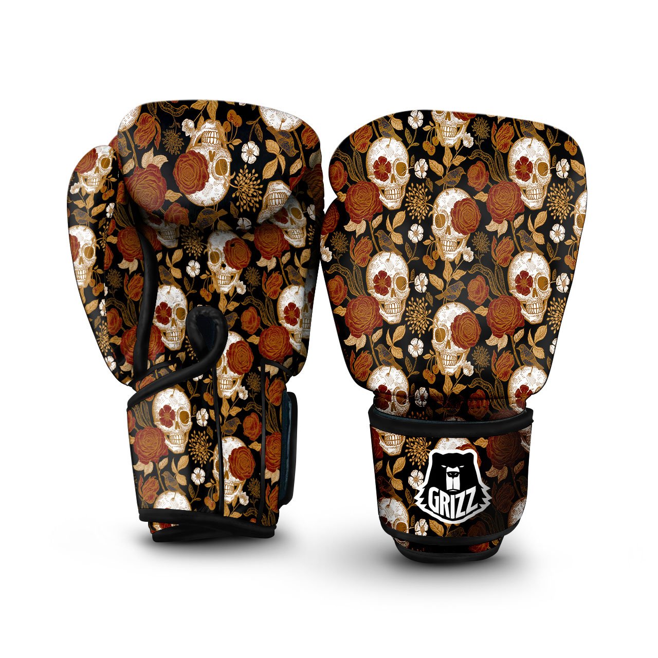 Skull Floral Vintage Print Pattern Boxing Gloves-grizzshop