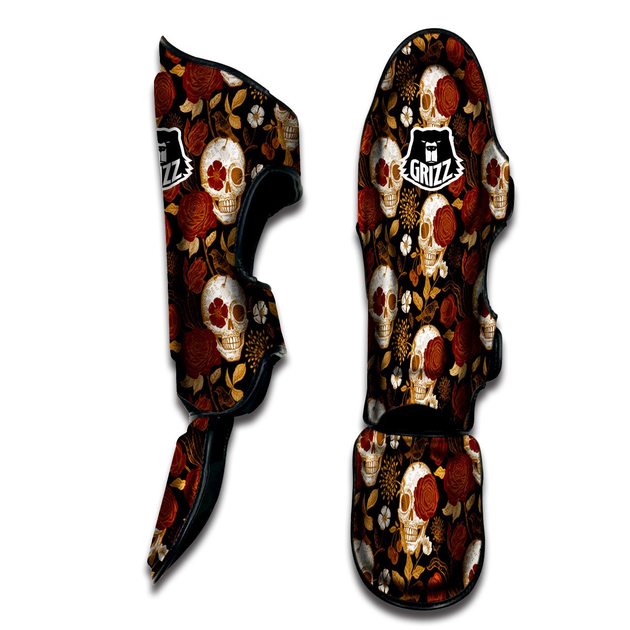 Skull Floral Vintage Print Pattern Muay Thai Shin Guards-grizzshop