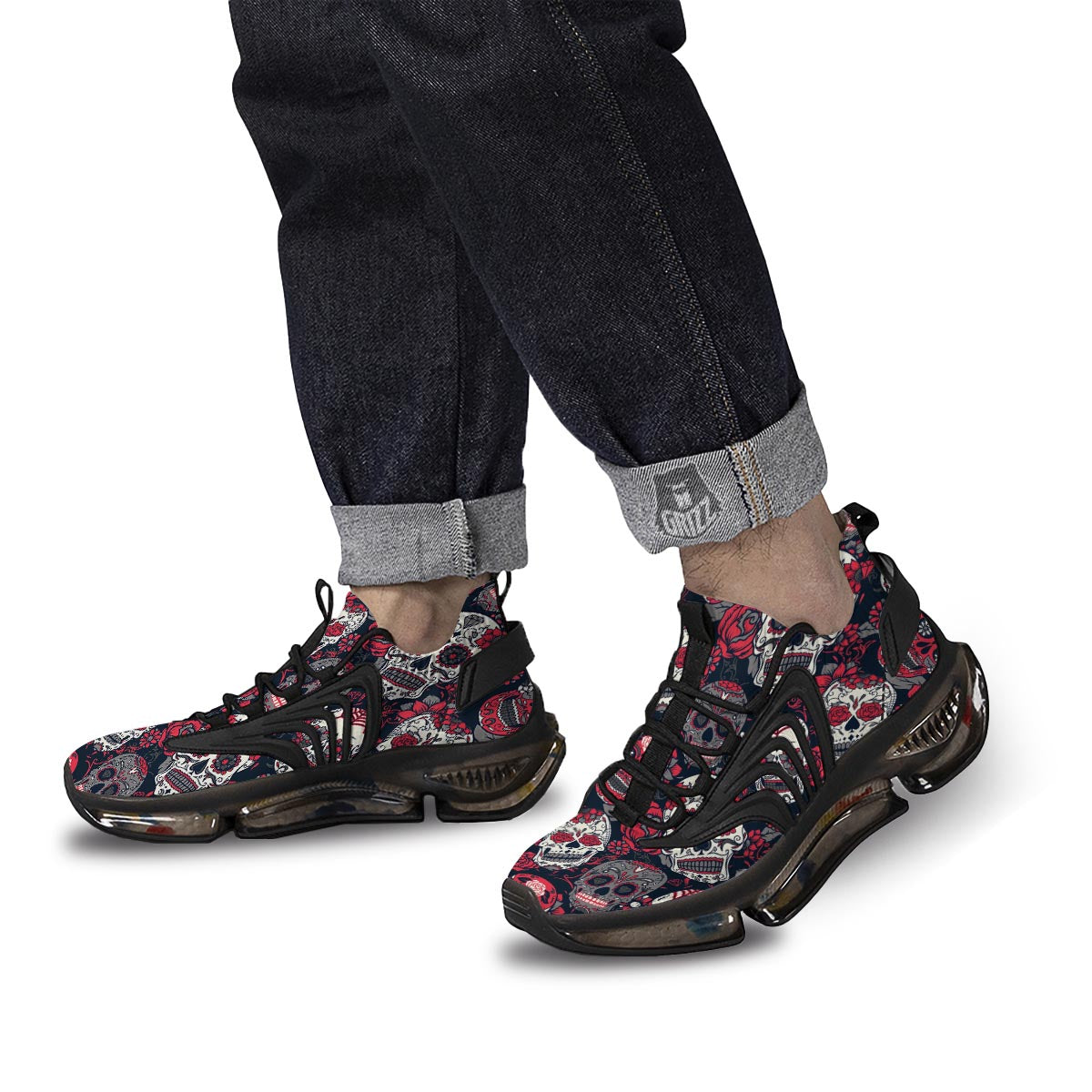 Skull Flower Red Sugar Print Pattern Black Gym Shoes-grizzshop