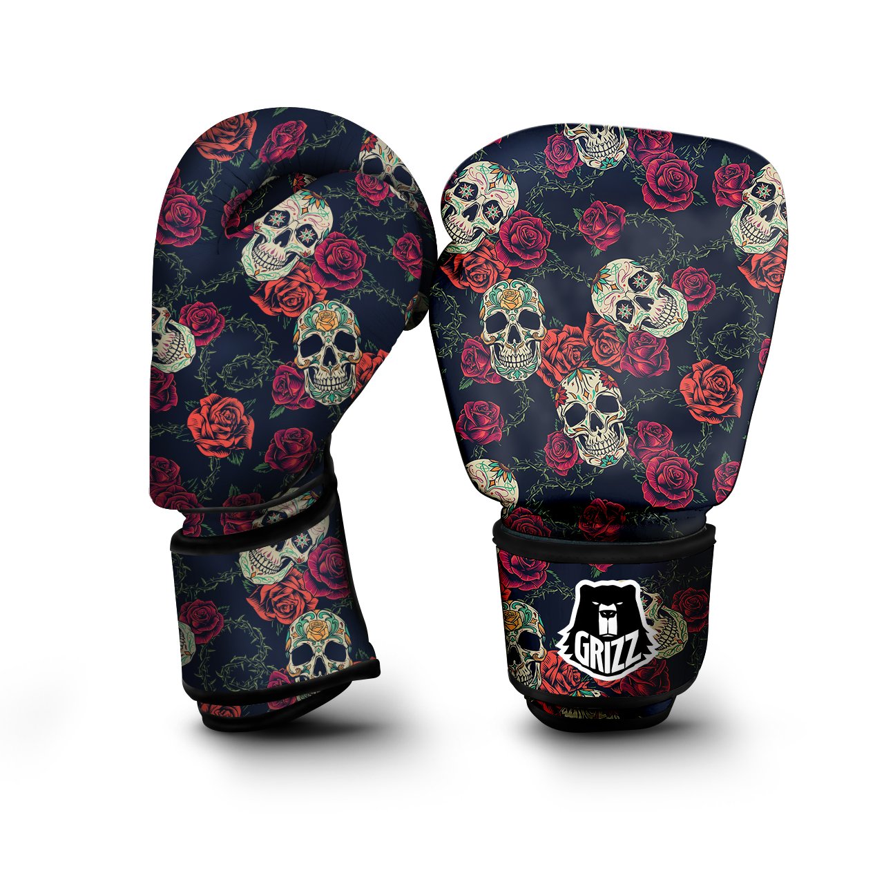 Skull Flowers Vintage Print Pattern Boxing Gloves-grizzshop