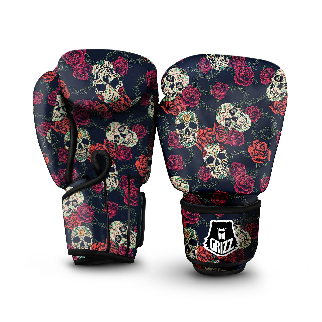Skull Flowers Vintage Print Pattern Boxing Gloves-grizzshop