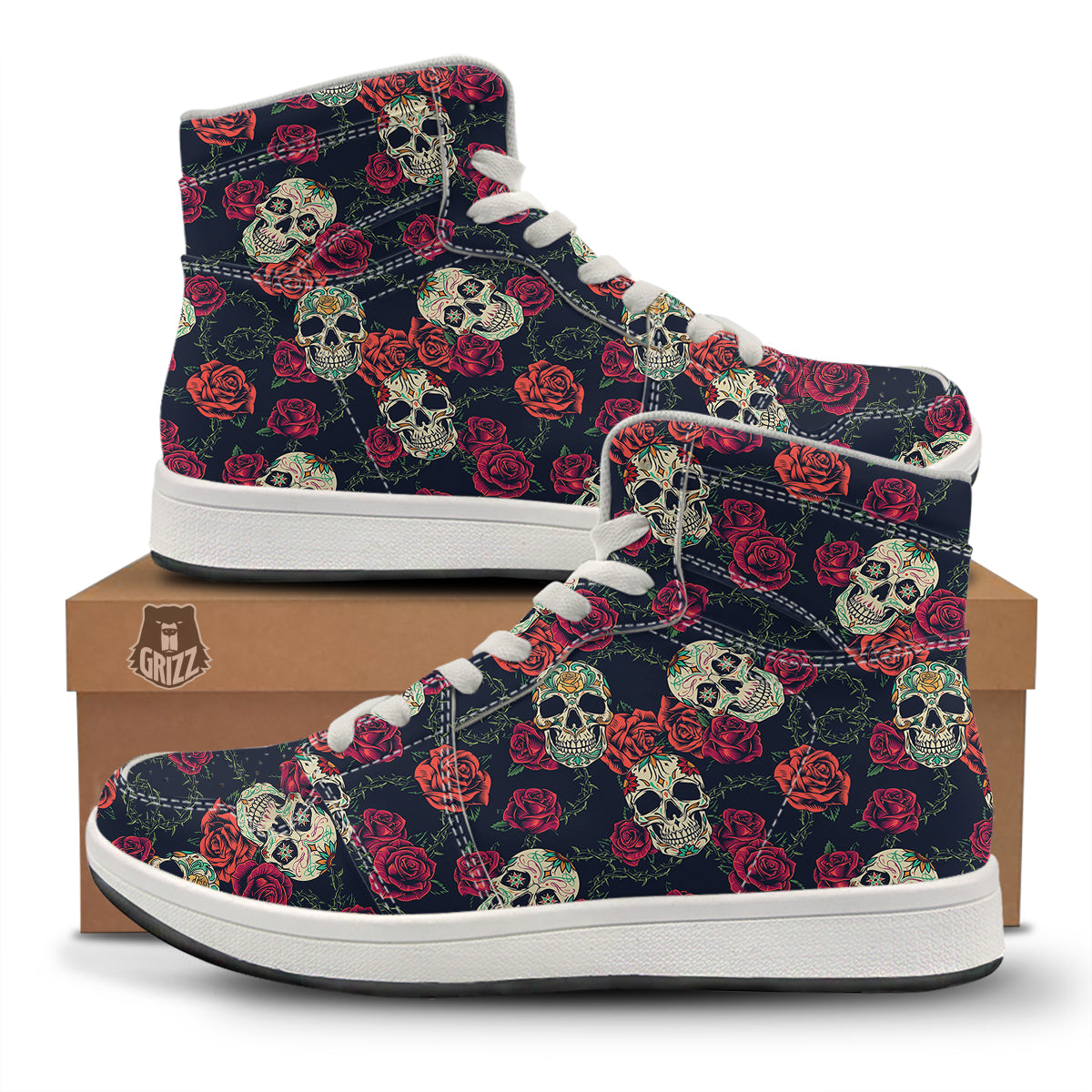 Skull Flowers Vintage Print Pattern High Top Sneakers-grizzshop