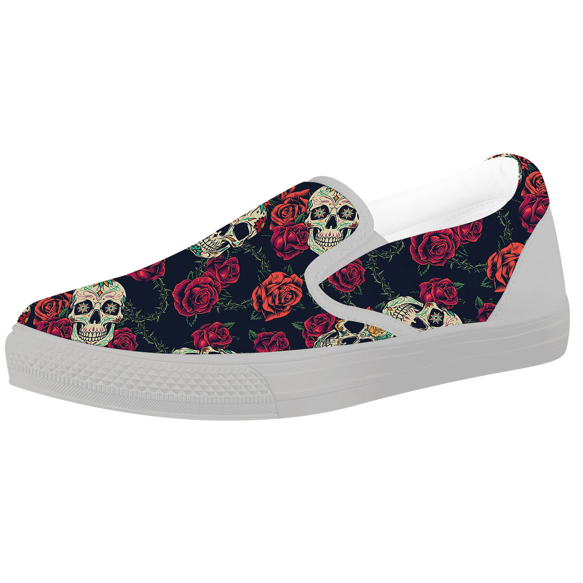 Skull Flowers Vintage Print Pattern White Slip On Shoes-grizzshop