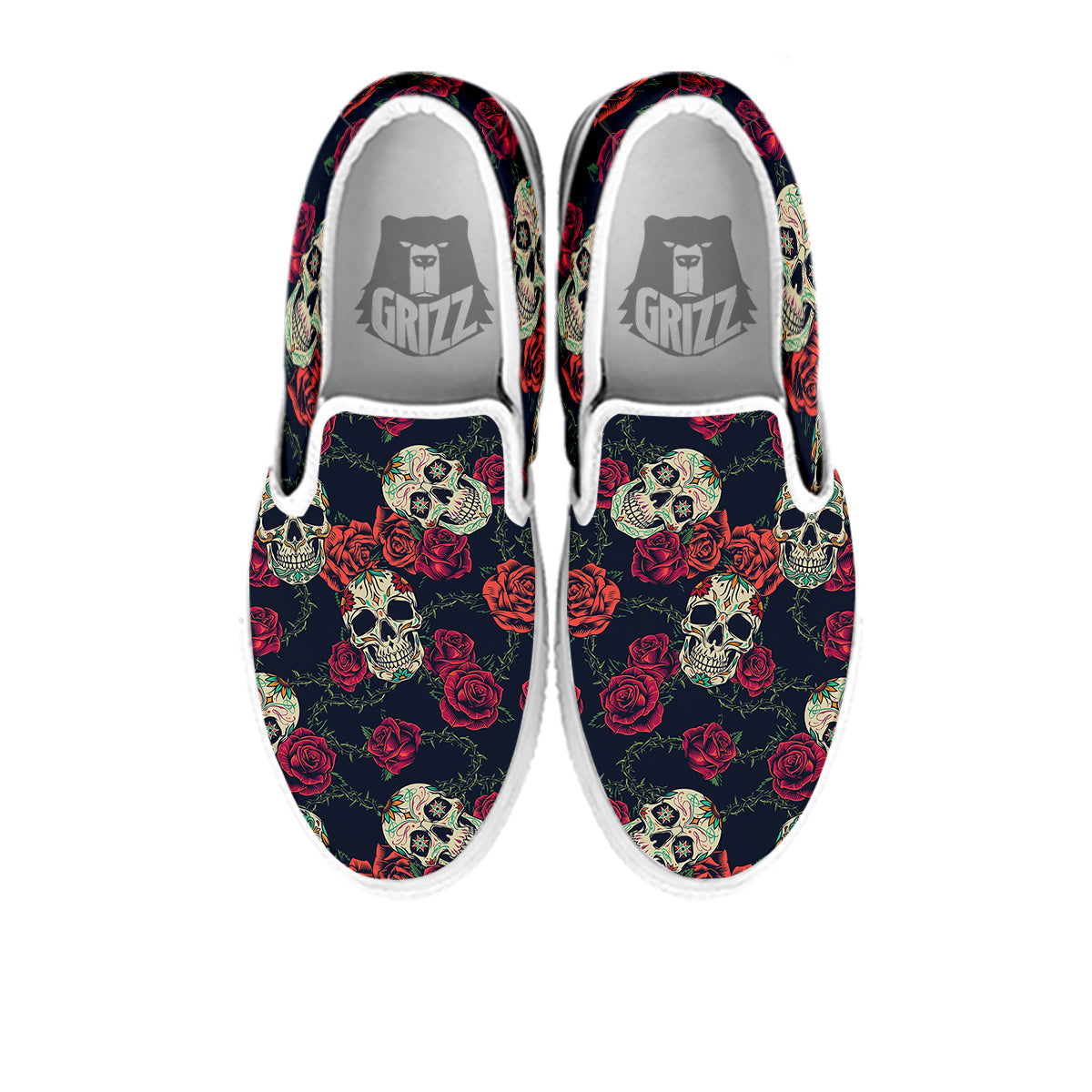 Skull Flowers Vintage Print Pattern White Slip On Shoes-grizzshop