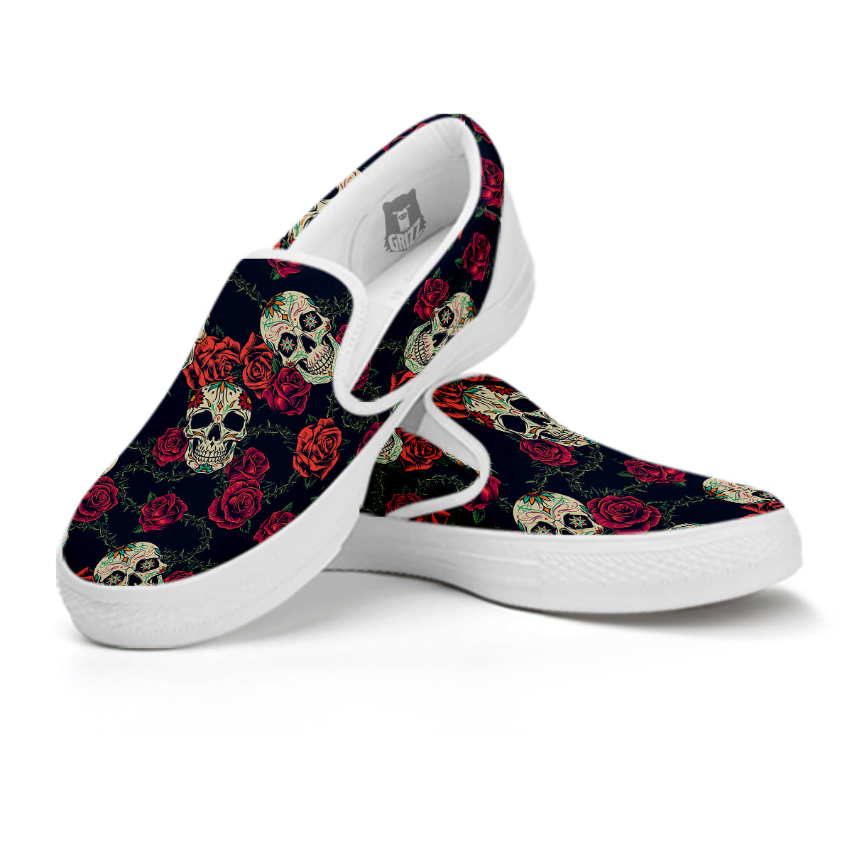 Skull Flowers Vintage Print Pattern White Slip On Shoes-grizzshop
