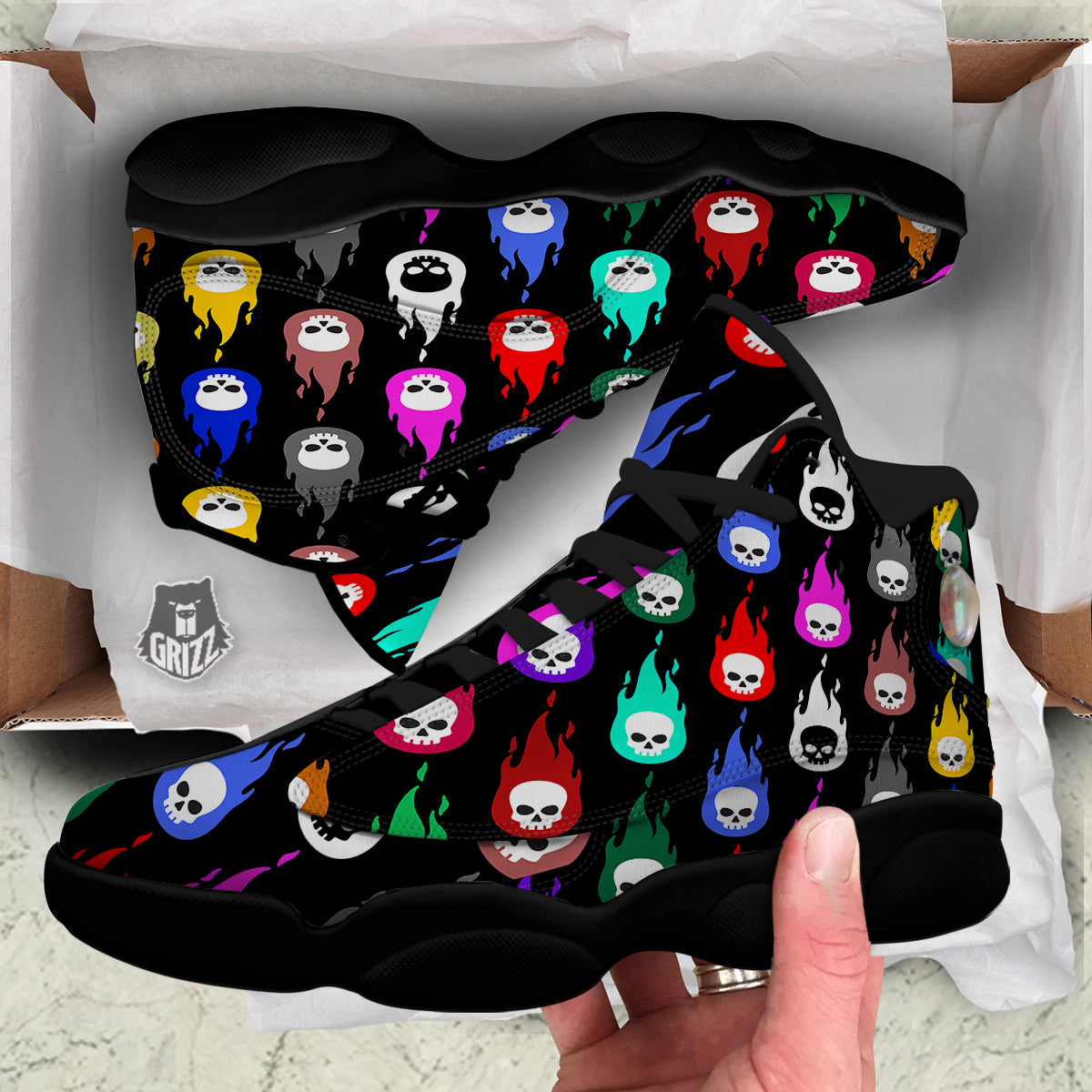 Skull Head Fire Colorful Print Pattern Black Basketball Shoes-grizzshop