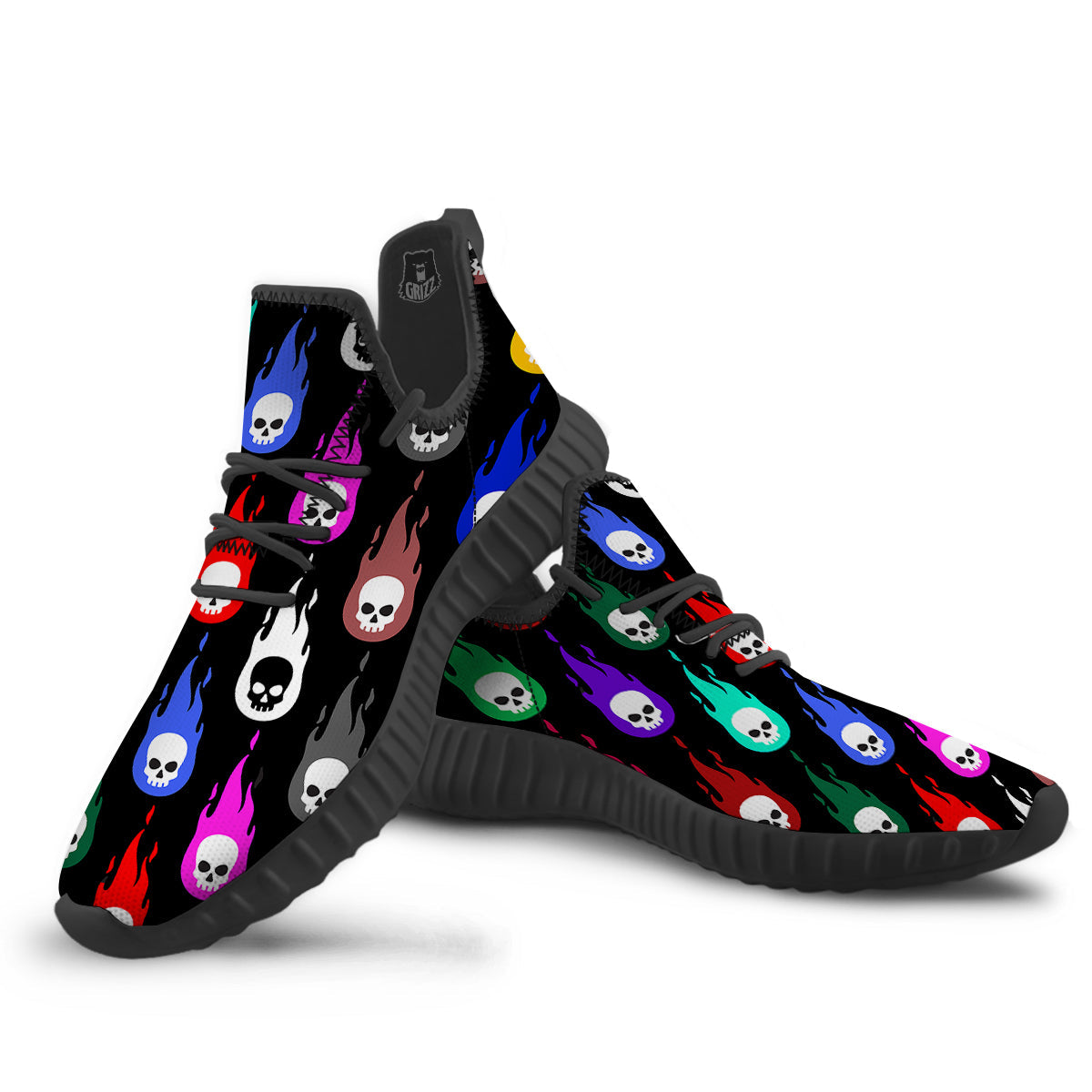 Skull Head Fire Colorful Print Pattern Black Walking Shoes-grizzshop