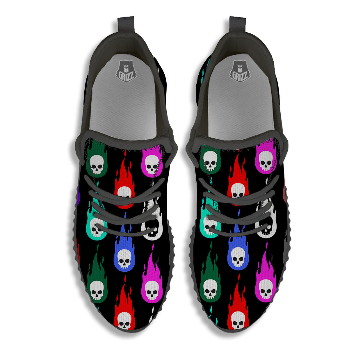 Skull Head Fire Colorful Print Pattern Black Walking Shoes-grizzshop