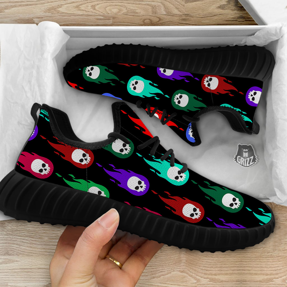 Skull Head Fire Colorful Print Pattern Black Walking Shoes-grizzshop