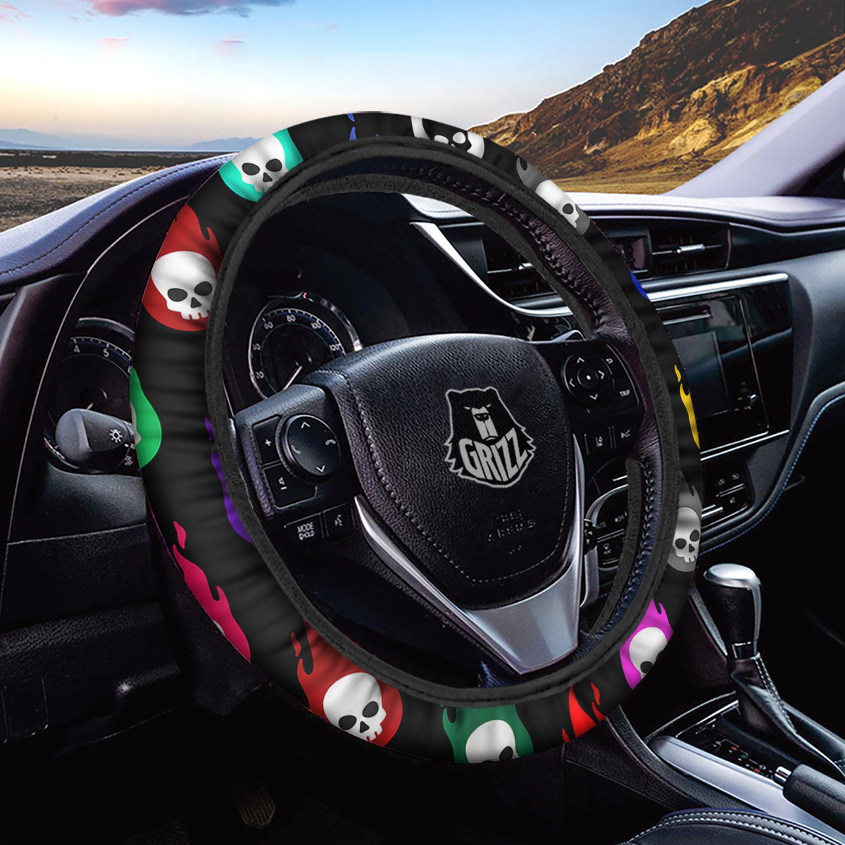 Skull Head Fire Colorful Print Pattern Car Steering Wheel Cover-grizzshop