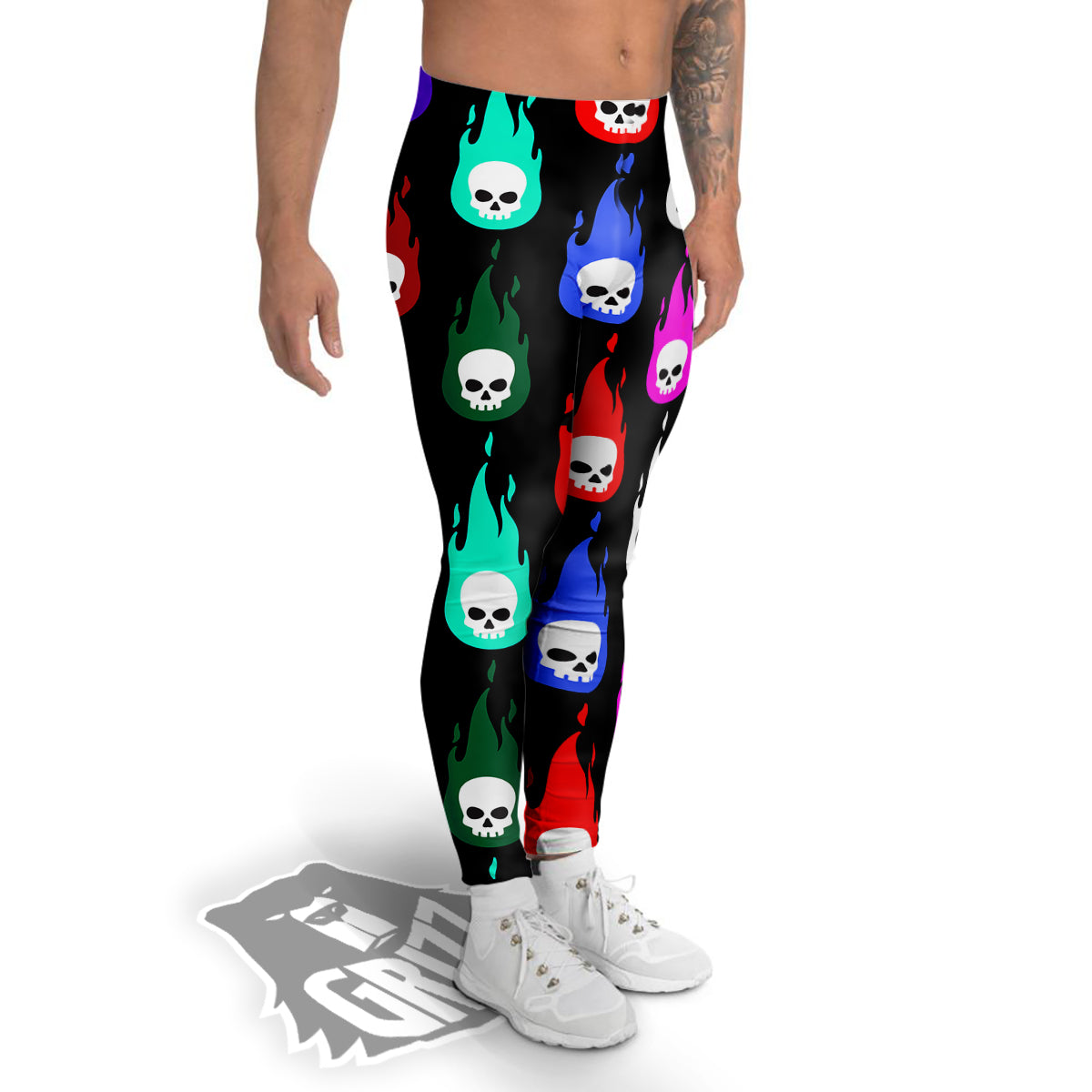 Skull Head Fire Colorful Print Pattern Men's Leggings-grizzshop