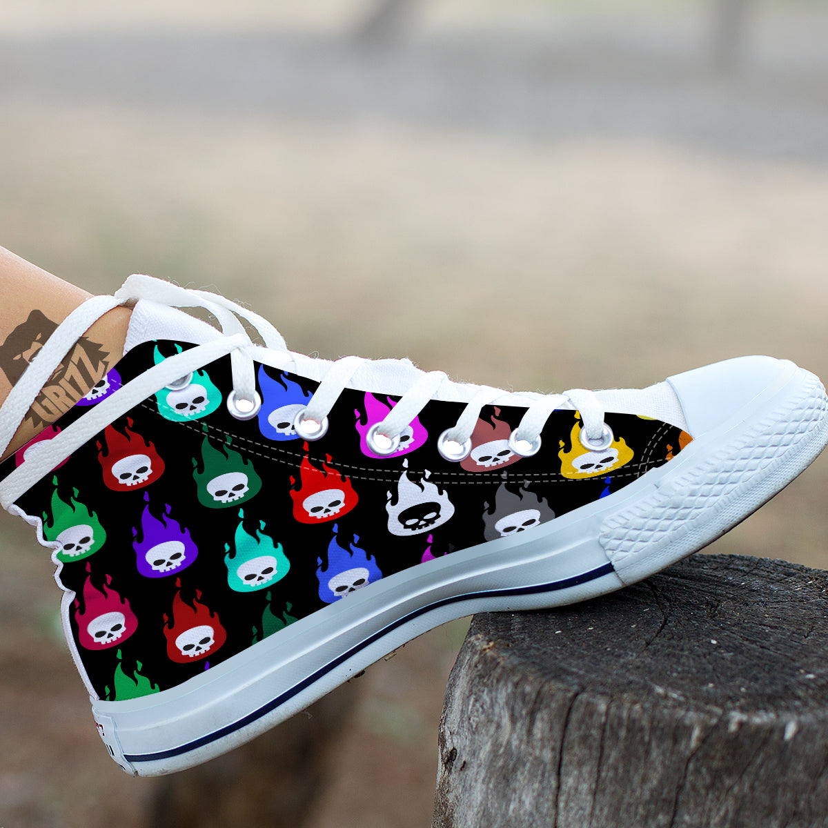 Skull Head Fire Colorful Print Pattern White High Top Shoes-grizzshop