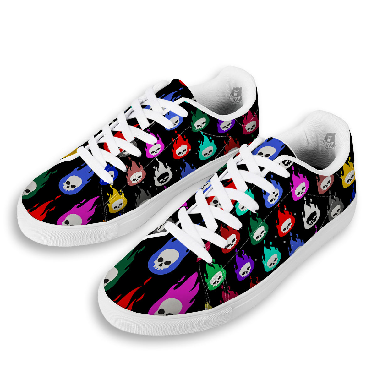 Skull Head Fire Colorful Print Pattern White Low Top Sneakers-grizzshop