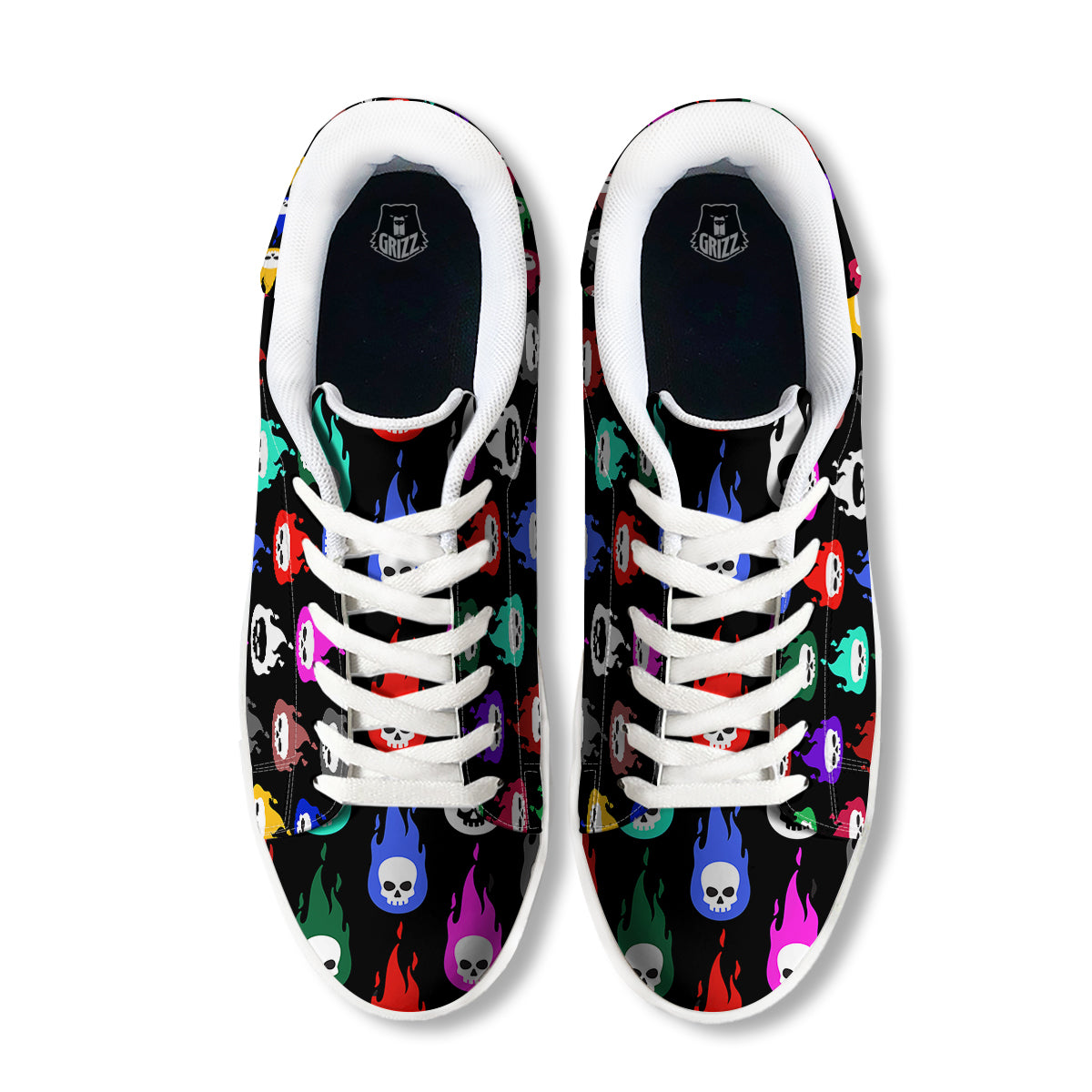 Skull Head Fire Colorful Print Pattern White Low Top Sneakers-grizzshop