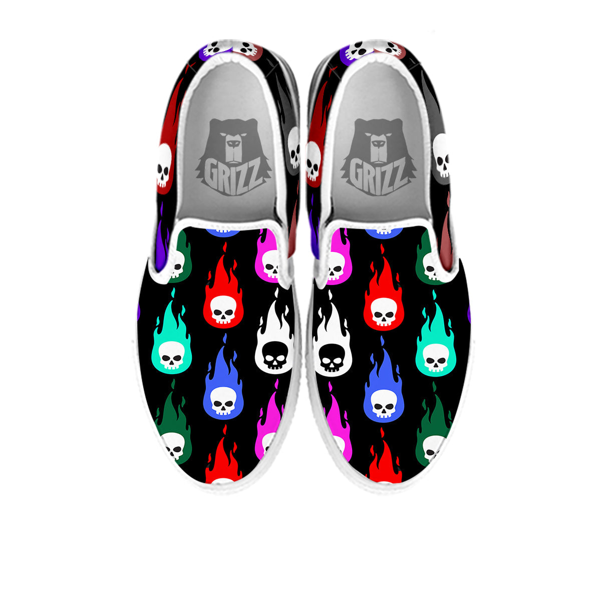 Skull Head Fire Colorful Print Pattern White Slip On Shoes-grizzshop