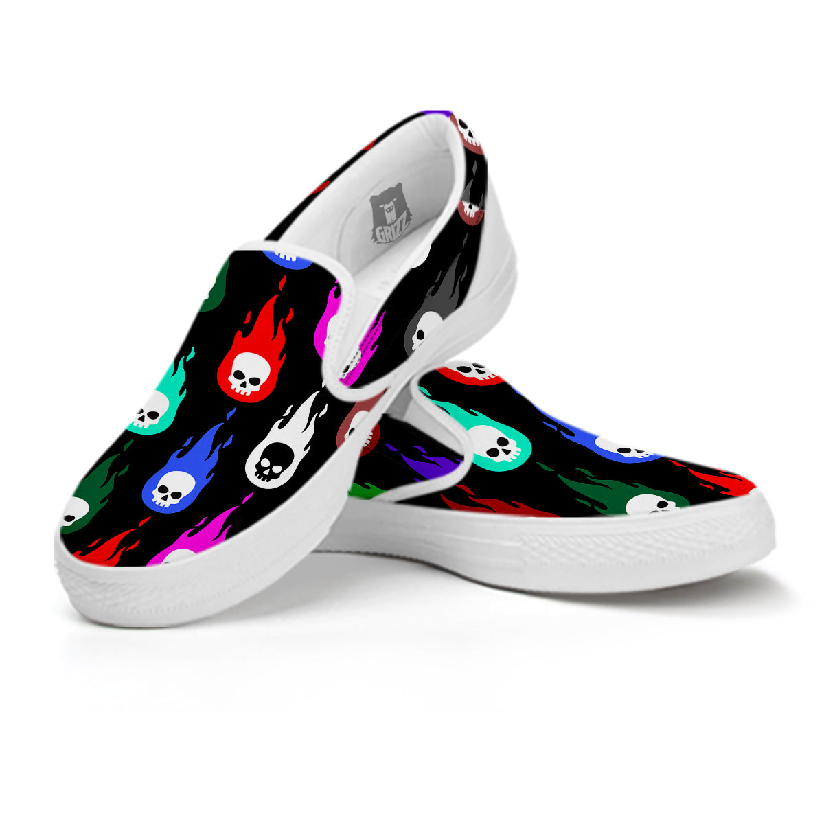 Skull Head Fire Colorful Print Pattern White Slip On Shoes-grizzshop