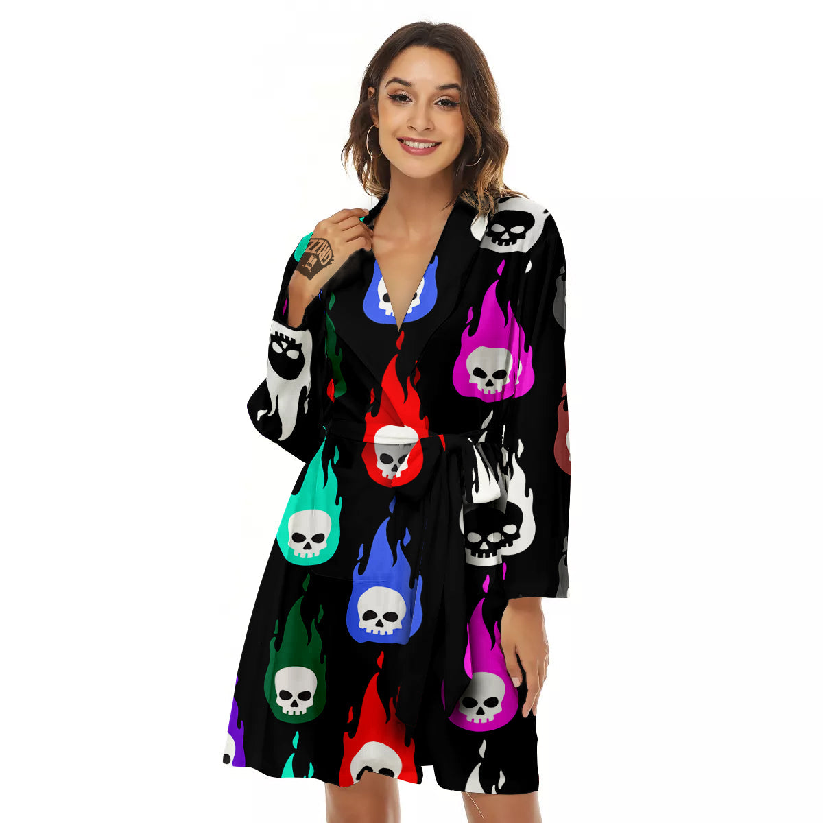 Skull Head Fire Colorful Print Pattern Women's Robe-grizzshop
