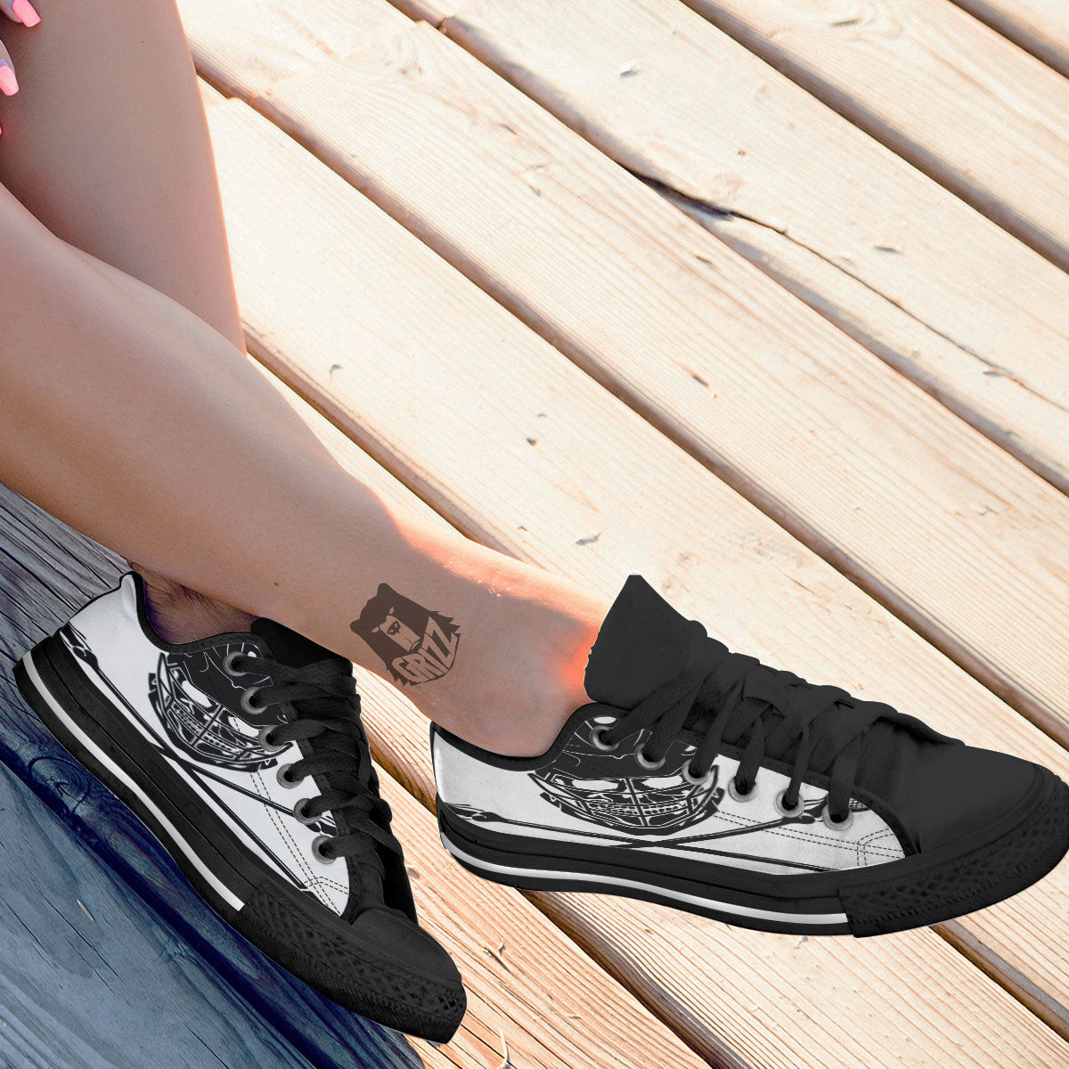Skull Lacrosse Print Black Low Top Shoes-grizzshop