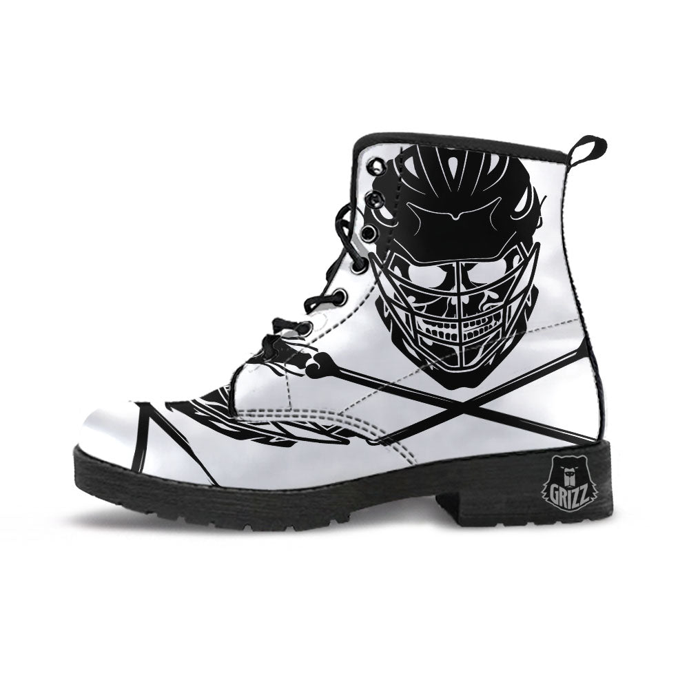 Skull Lacrosse Print Leather Boots-grizzshop