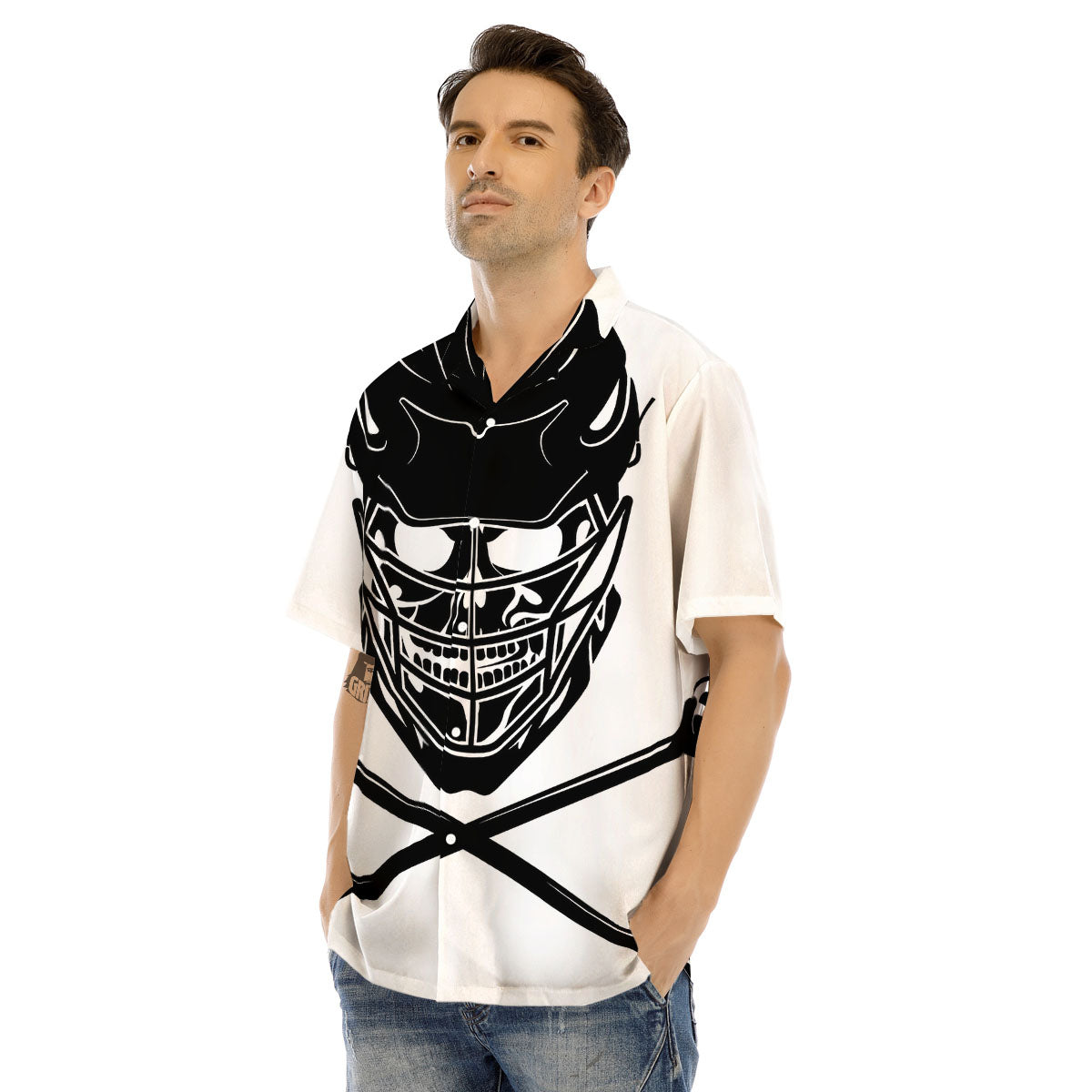 Skull Lacrosse Print Men's Hawaiian Shirt-grizzshop