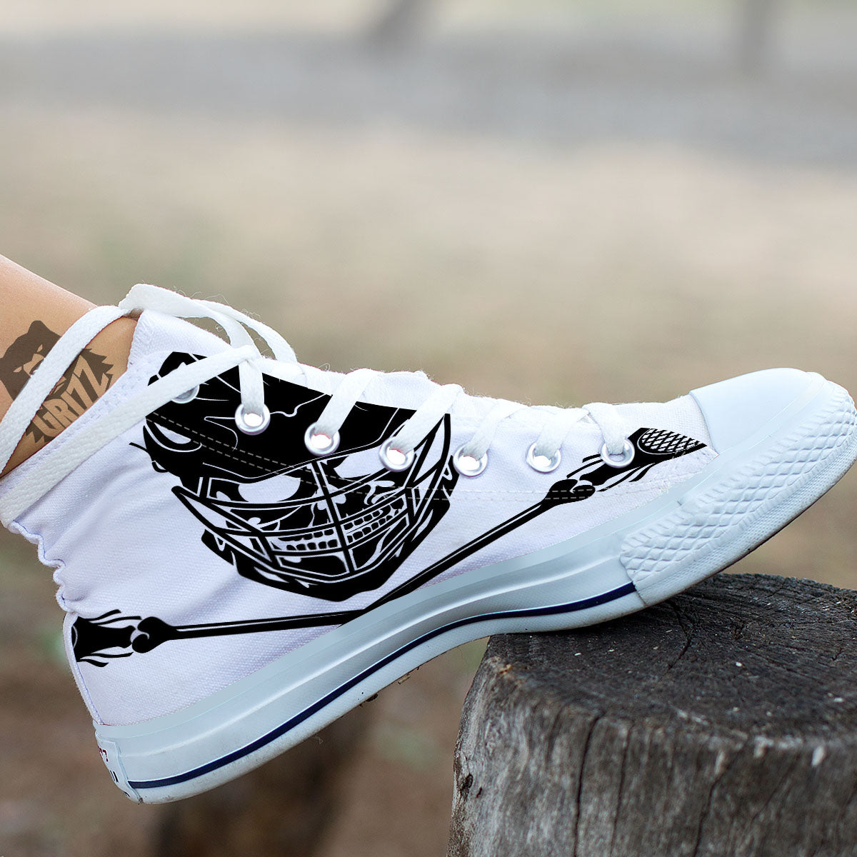 Skull Lacrosse Print White High Top Shoes-grizzshop