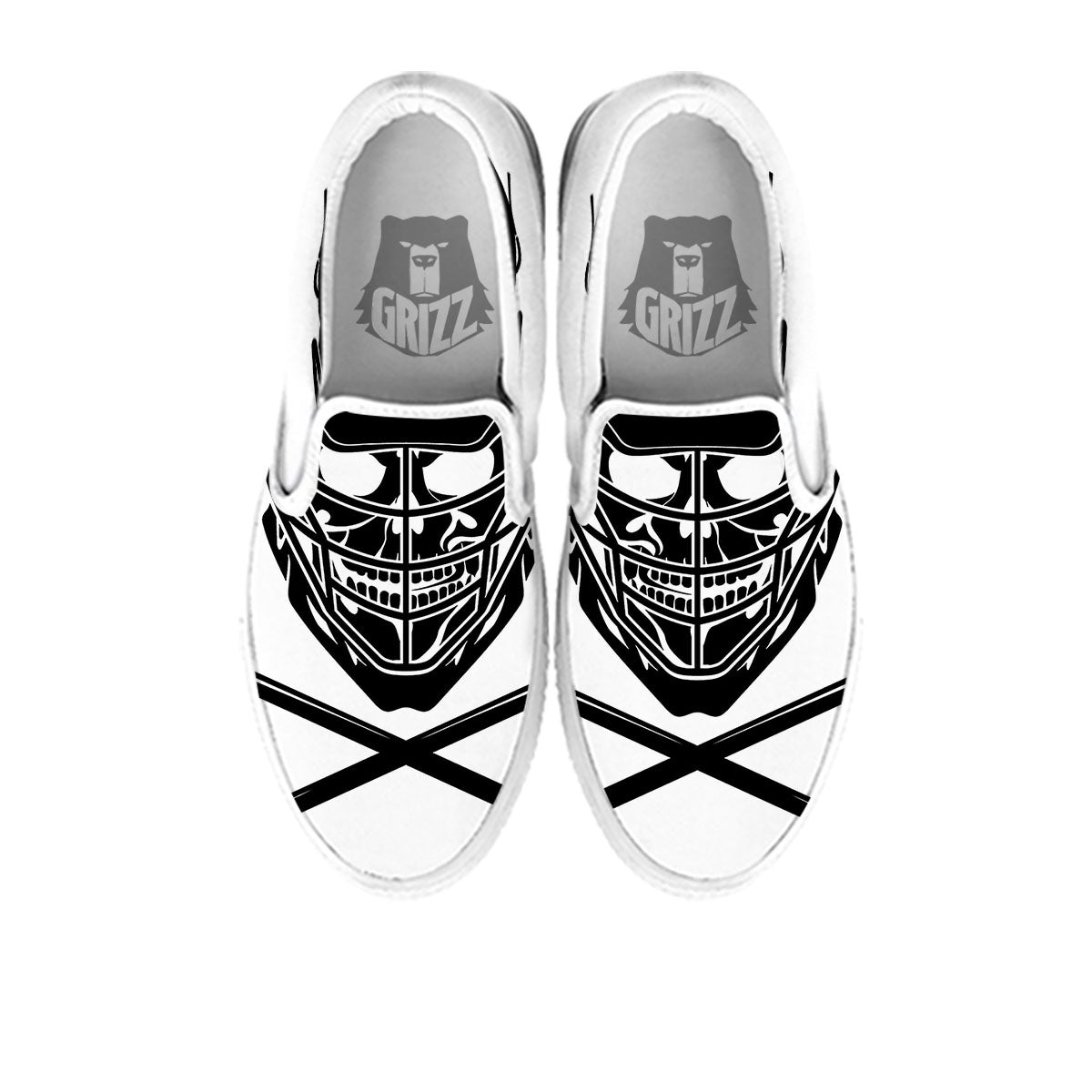 Skull Lacrosse Print White Slip On Shoes-grizzshop