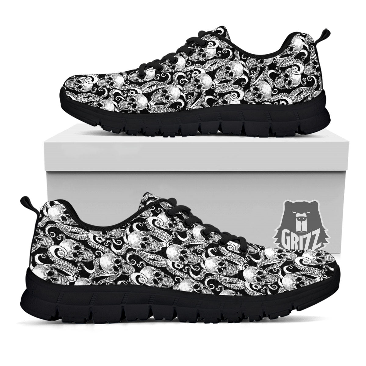 Skull Octopus Tentacles Print Pattern Black Sneaker-grizzshop