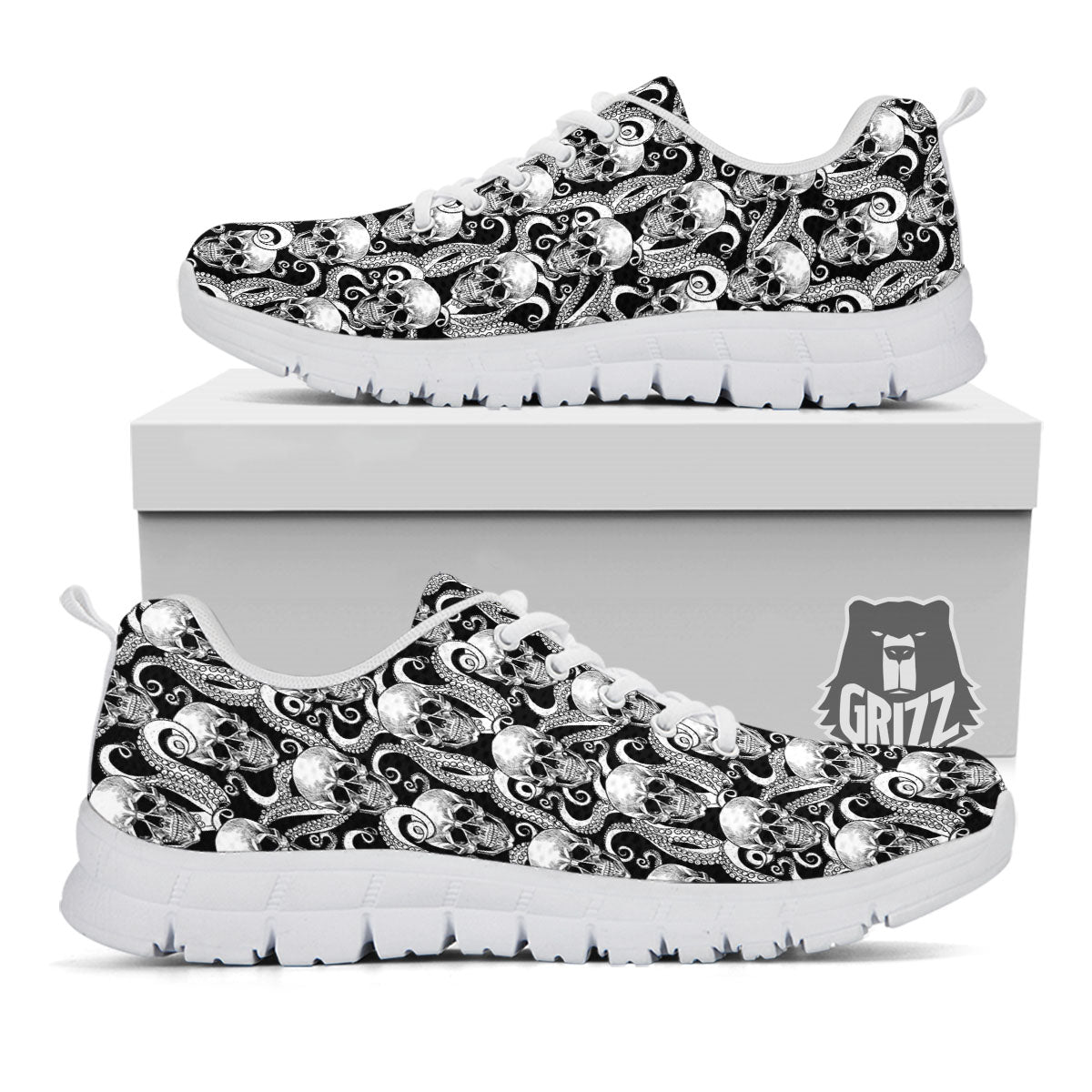 Skull Octopus Tentacles Print Pattern White Sneaker-grizzshop