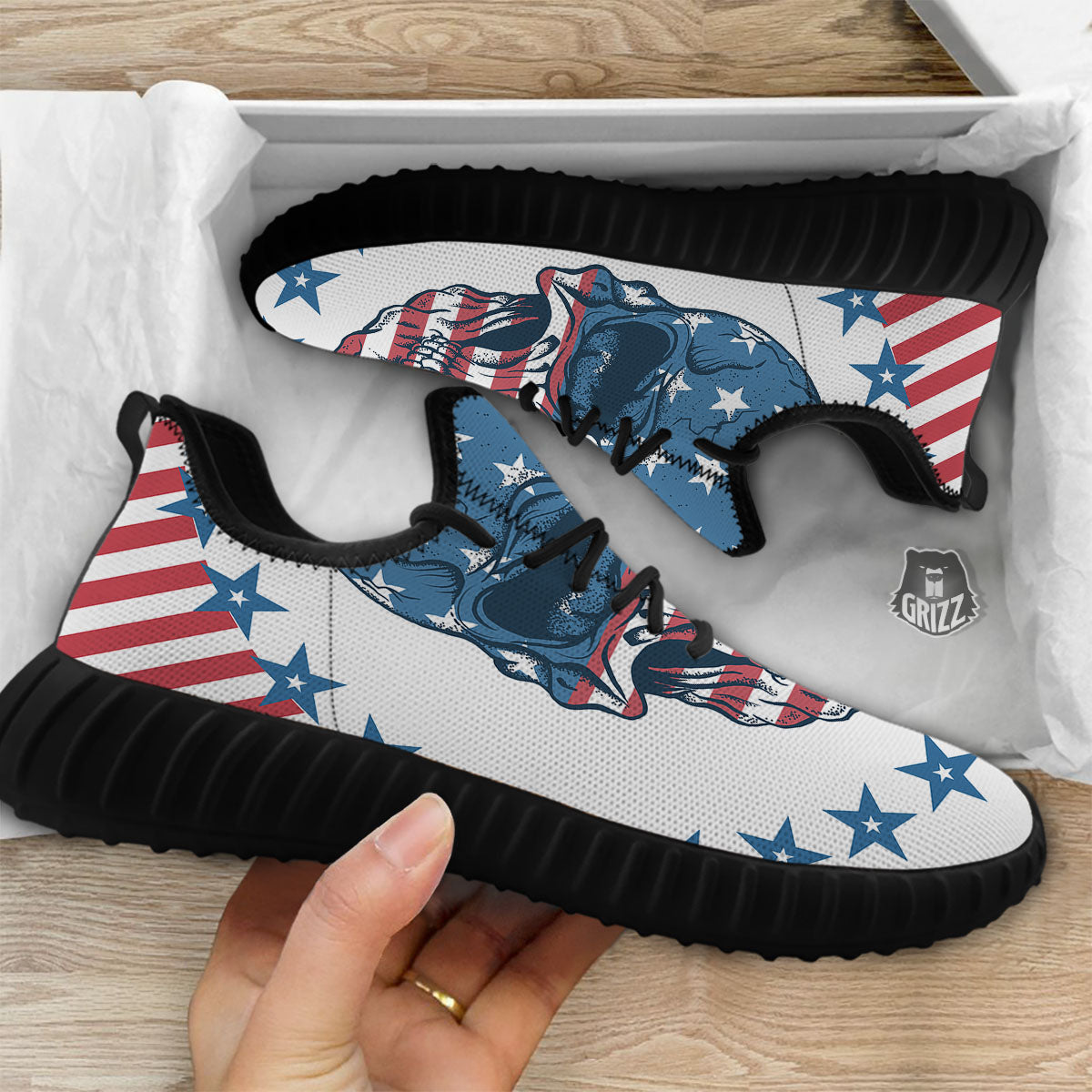 Skull Patriotic American Print Black Walking Shoes-grizzshop